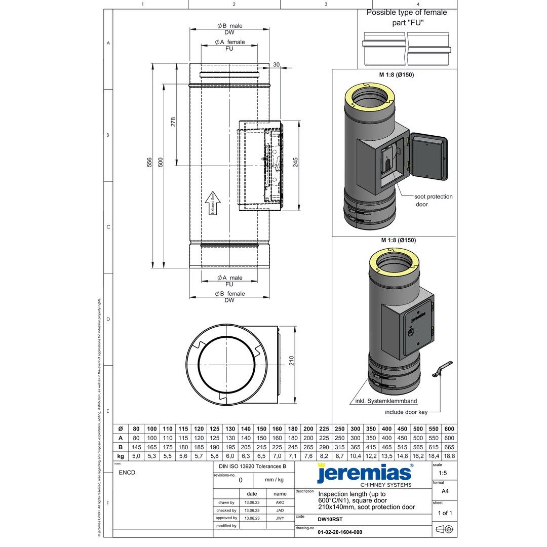 Jeremias Schornstein DW-FU Ø 225 mm Revisionselement mit Rußschutztüre, Ø 225 mm