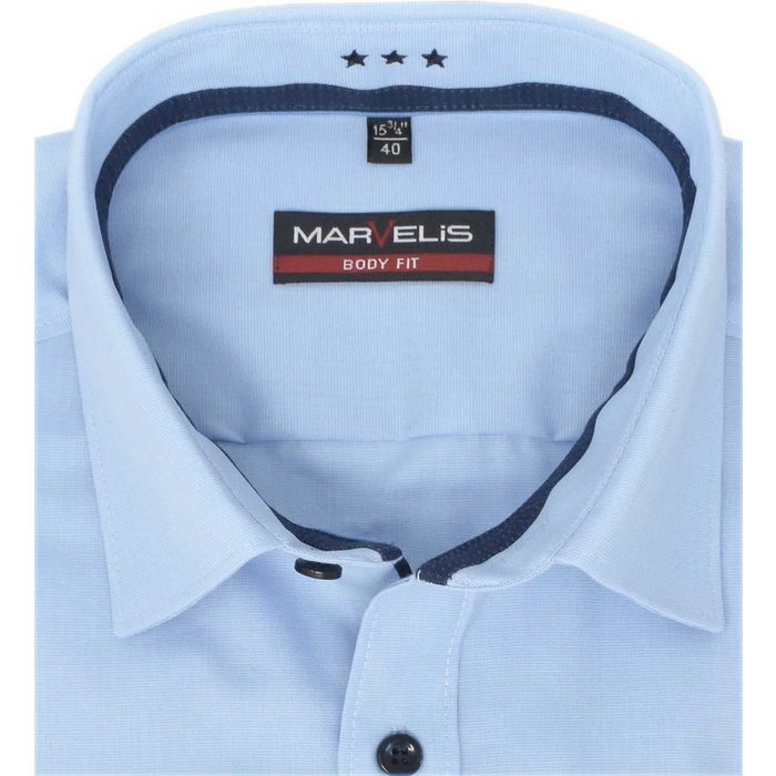 MARVELIS Businesshemd Businesshemd - Body Fit - Langarm - Einfarbig - Hellblau mit Besatz &amp; Kontrastknöpfen JN13228