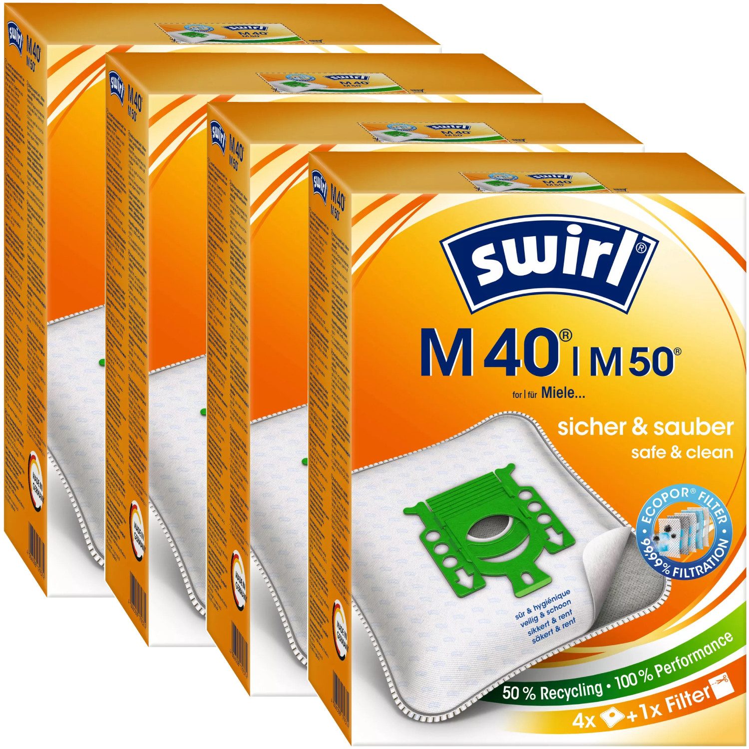 Swirl Staubsaugerbeutel Swirl M50 M 50, passend für Miele Staubsauger, inkl. 4 Filter - zuschneidbar, 16 St., Optimale Passform, EcoPor Qualität für lange Nutzungsdauer
