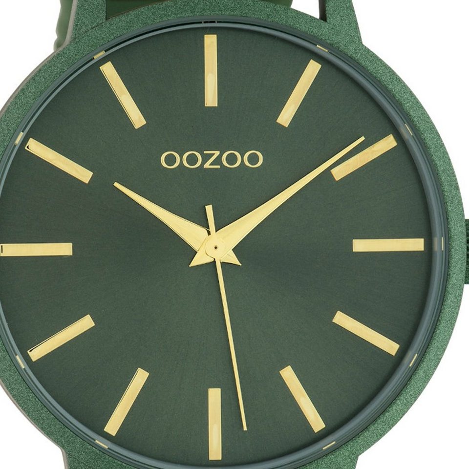 OOZOO Quarzuhr Oozoo Damen Armbanduhr grün, Damenuhr rund, groß (ca. 42mm)  Lederarmband, Fashion-Style, goldene Zeiger und Indizes