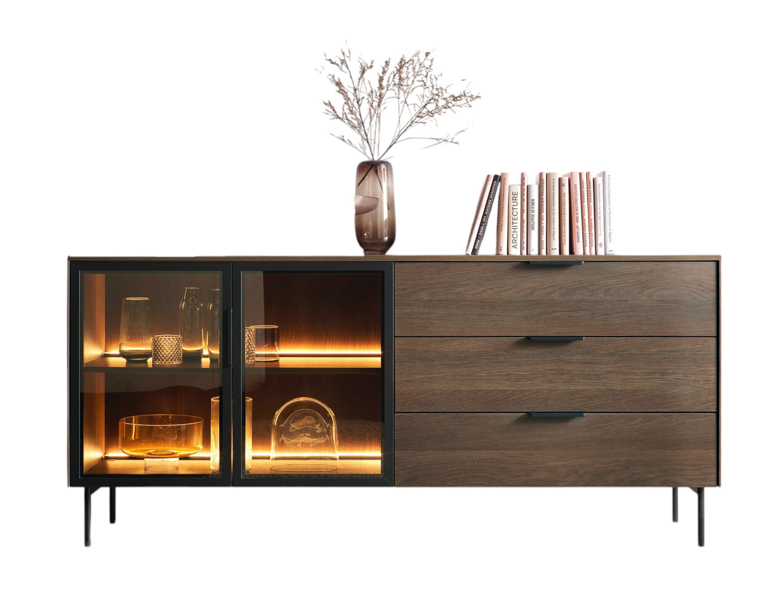 Compleo Schubkastenkommode modern und elegant MARBELA, Kommode mit drei Schubladen, mit Glasfront