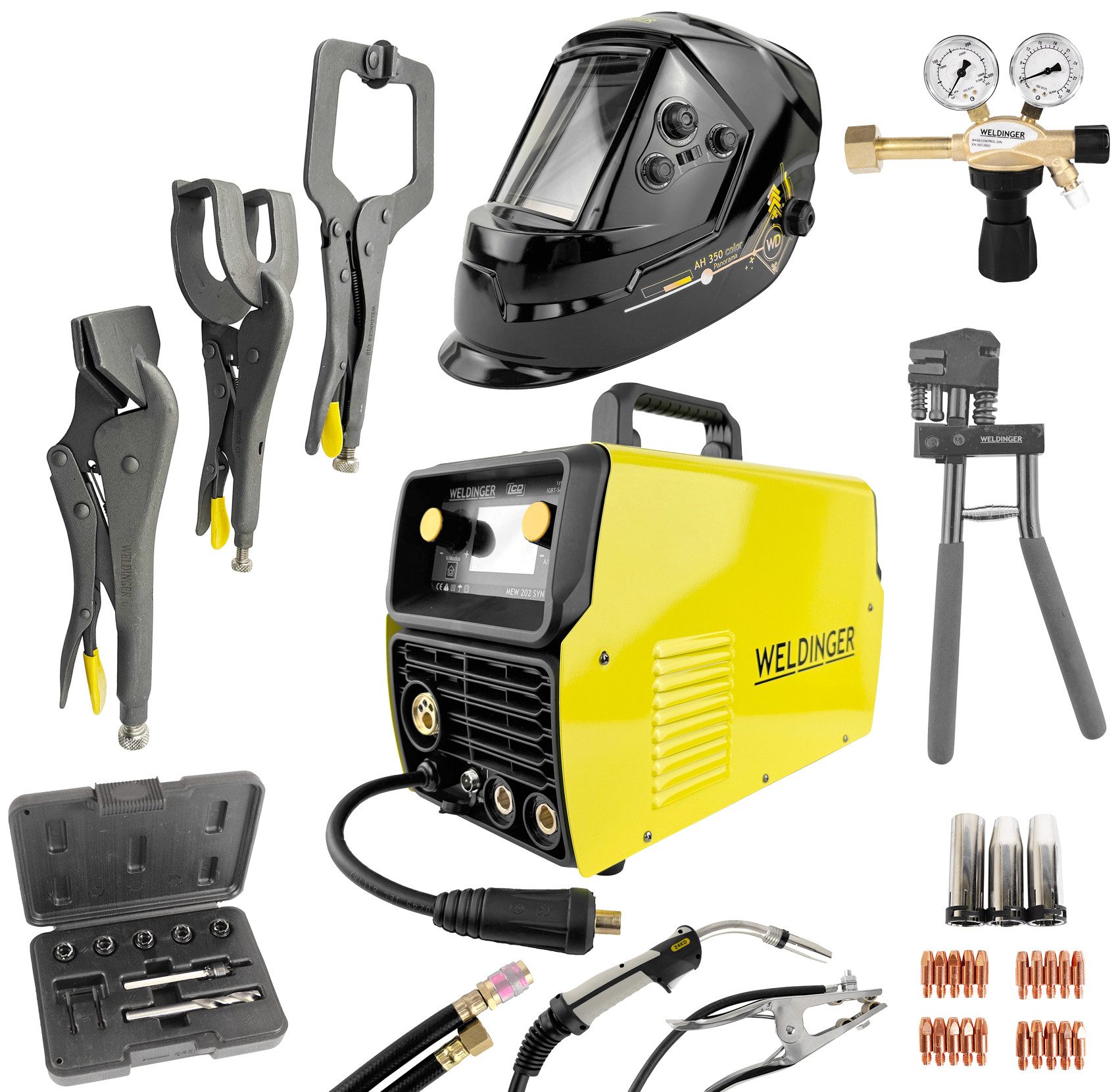 WELDINGER Schutzgasschweißgerät KFZ-Aktionsset MIG/MAG-Schweißinverter MEW 202 SYN puls dig + Zubehör, 10 - 200 A, Aktionsset, 12-tlg., LCD-Display, MAG-Puls