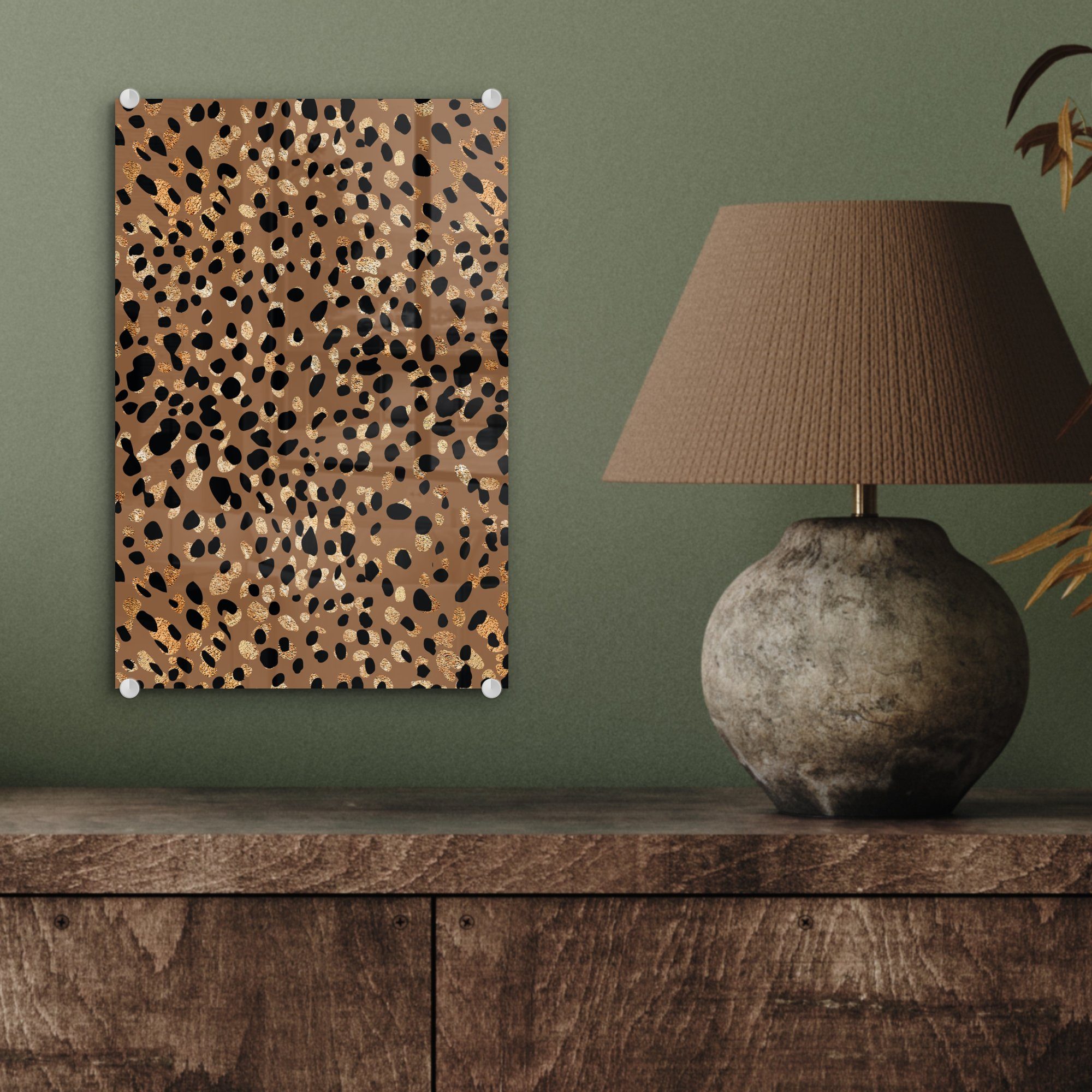 Tiermuster Gold, - St), Acrylglasbild Wanddekoration - - - Bilder auf MuchoWow (1 - Wandbild Leopard Glas Glas auf Braun Glasbilder Foto -