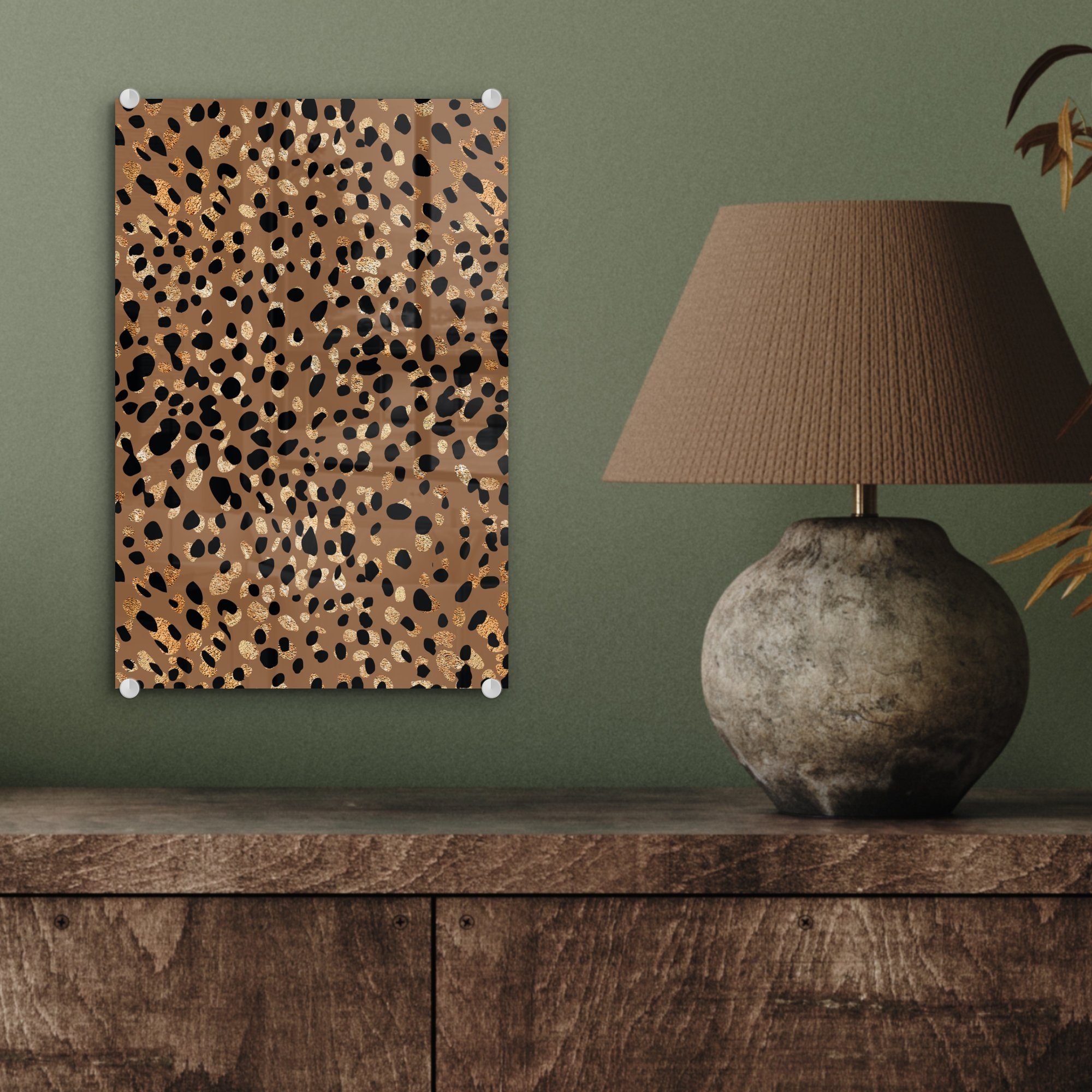 - Glas Bilder auf Glas (1 Wanddekoration Gold, St), - - auf Foto Leopard - Tiermuster Acrylglasbild Braun - Wandbild MuchoWow Glasbilder -