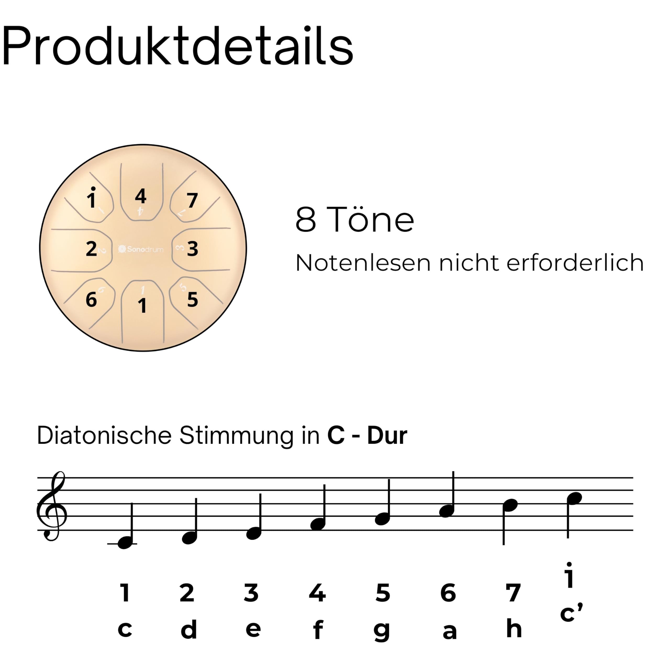 Sonodrum Steel Tongue Drum Zungentrommel "Standard" C - Dur- 20 cm klein mit 8 Tönen,- Steel Tongue Drum inkl. Liederbuch, Schlägel, Fingersticks und Tragetasche, - Notenlesen nicht nötig, einfach zu spielen