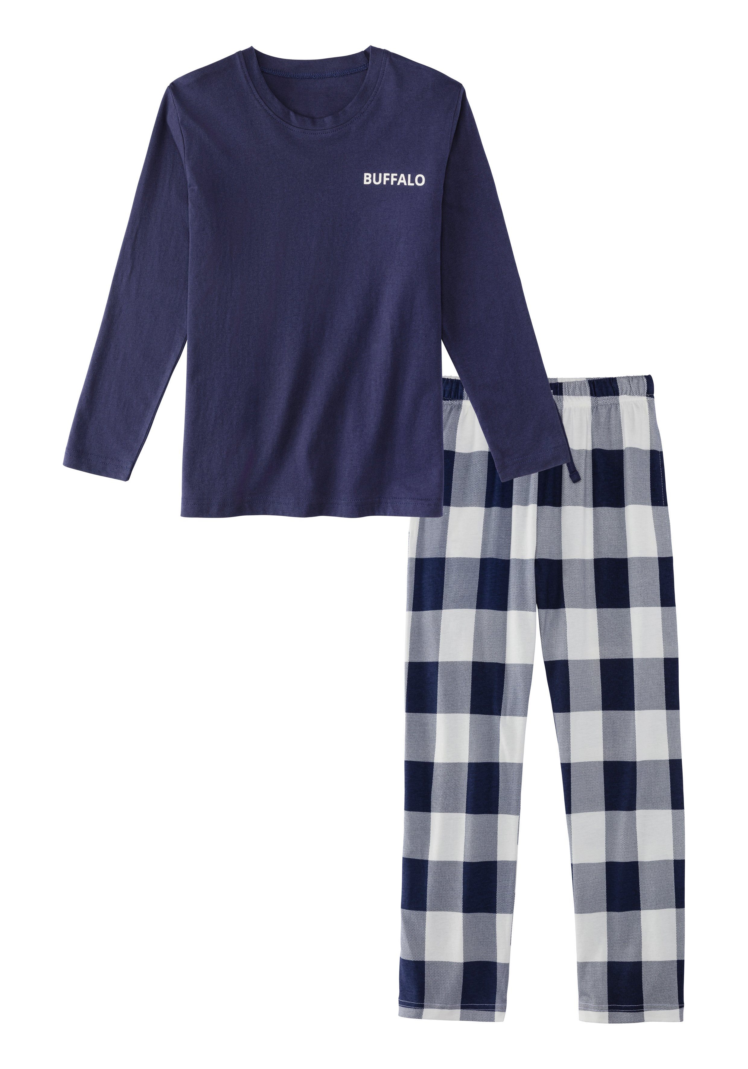 Buffalo Pyjama (Packung, 2 tlg., 1 Set) langer Schlafanzug, unifarben und kariert, aus Baumwolle