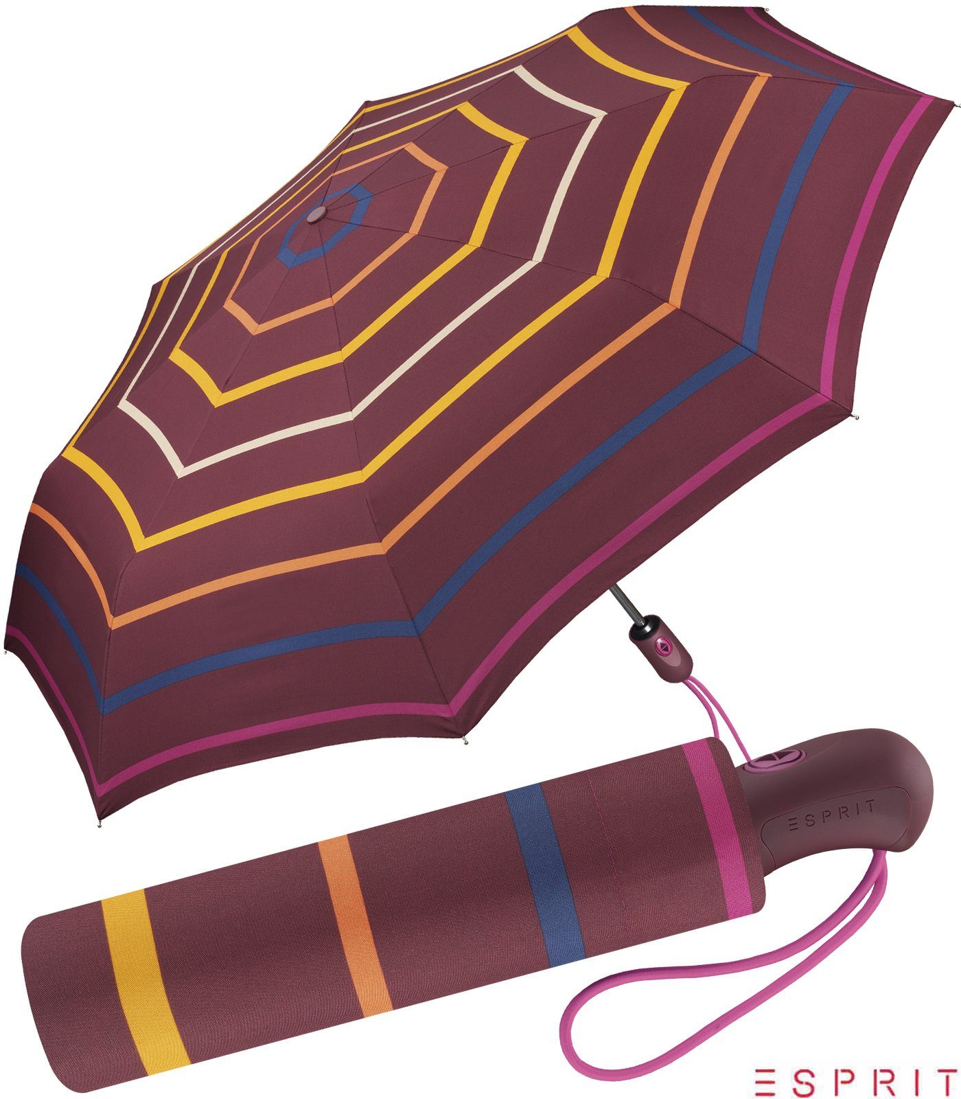 Esprit Taschenregenschirm schöner Schirm für mit mit stabil, warmen Automatik, Auf-Zu Damen leicht, Streifen Farbtönen in