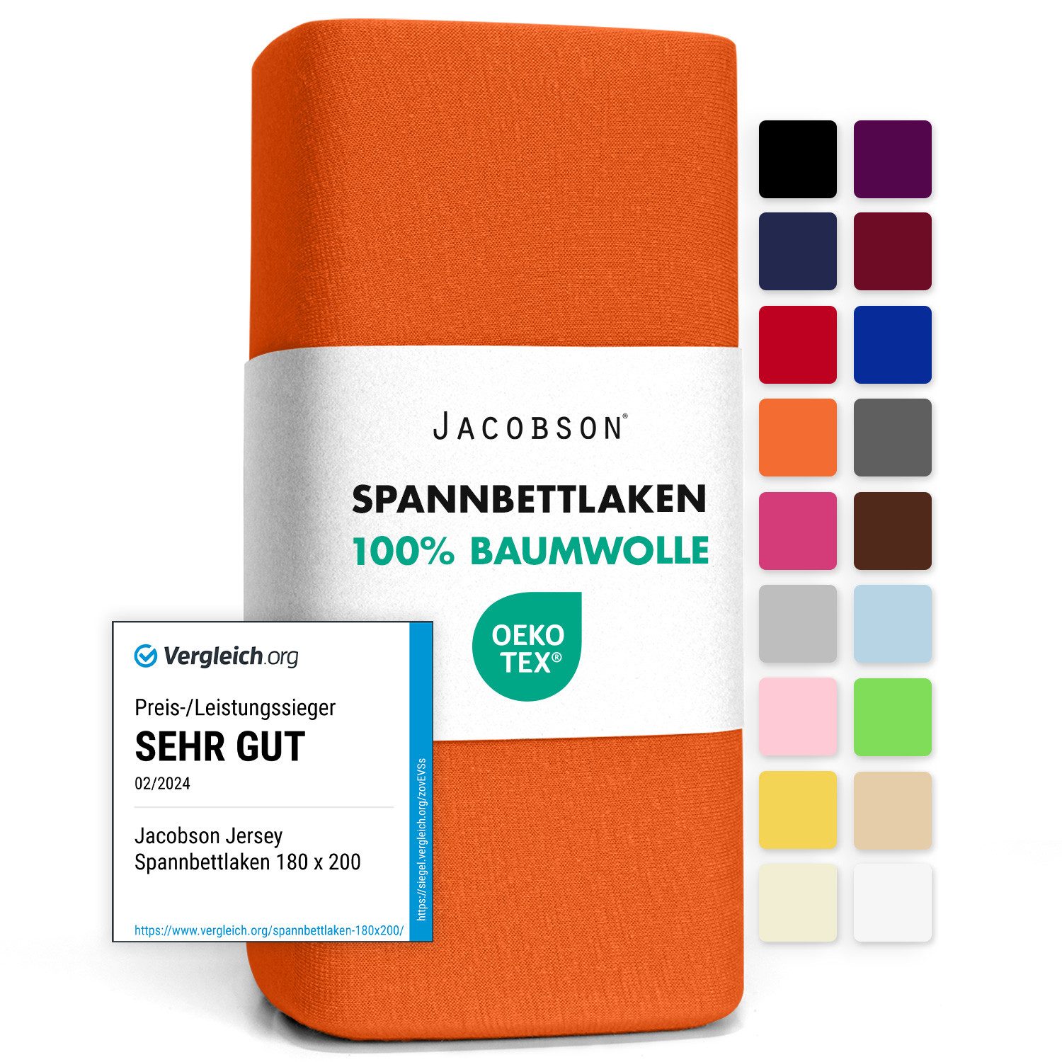 Jacobson Spannbettlaken aus 100% Baumwolle, Jersey Bettlaken 160 g/m², Spannbetttuch mit Gummizug, OEKO-TEX®, pflegeleicht, viele Farben