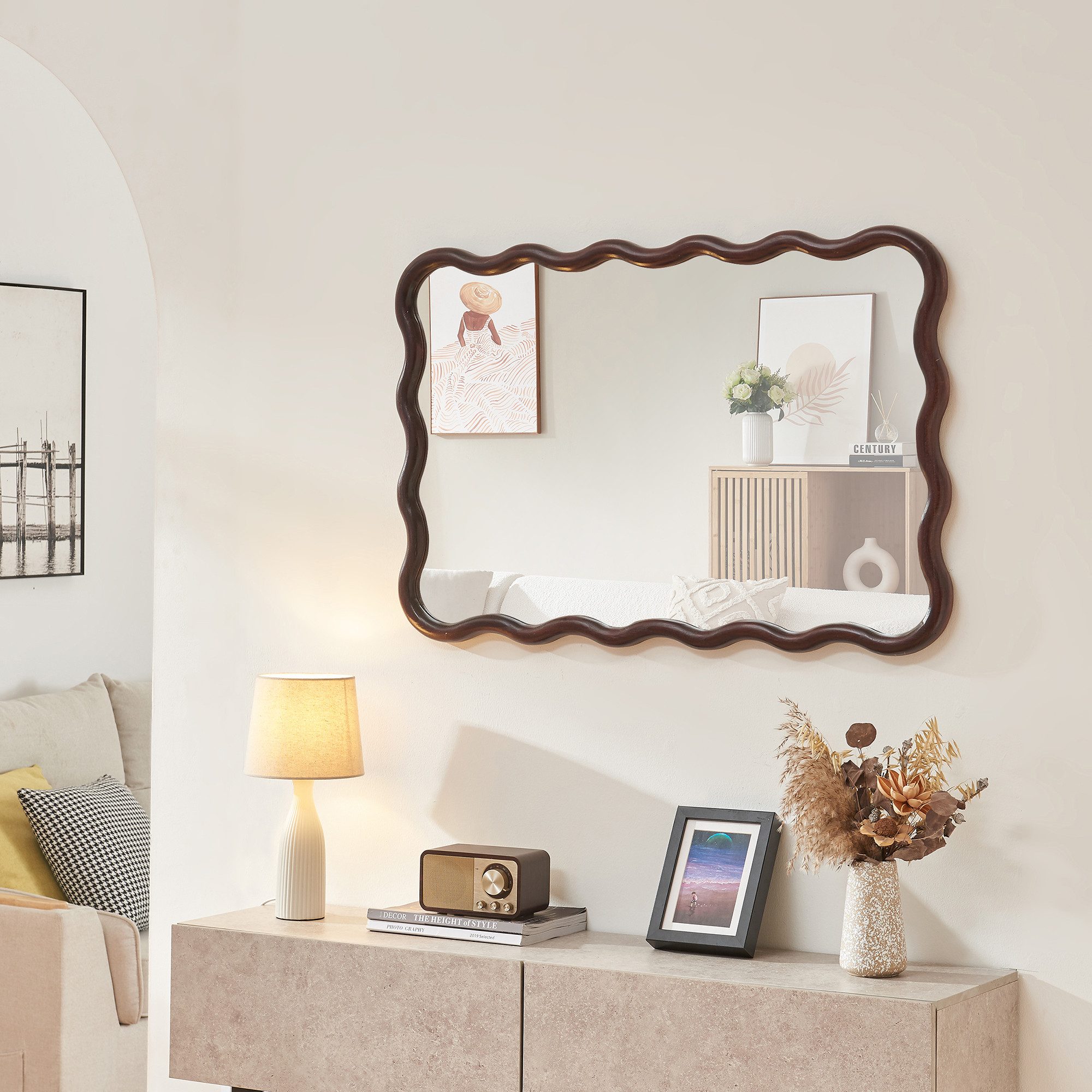 en.casa Wandspiegel, »Porloskid« Holz in Wellenform 90x60 cm Dunkelbraun