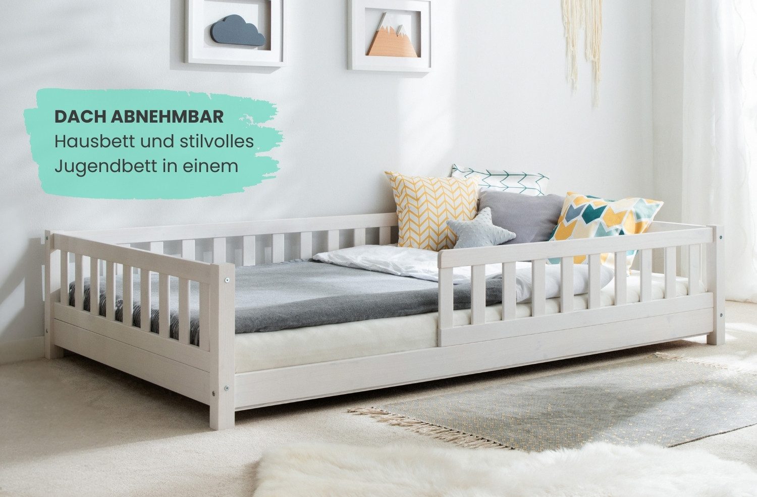 Ticaa Hausbett Duo mit Rausfallschutz aus Kiefer, Bodenbett 100x200, inkl. abnehmbarem Dach, mit Rollrost, mit Matratze – Bild 5 von 5