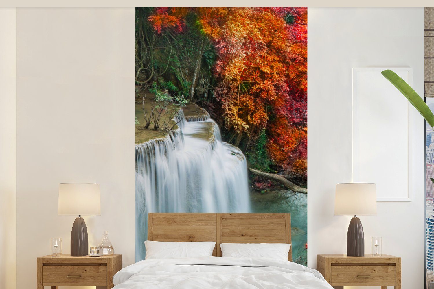 MuchoWow Fototapete Bäume - Wasserfall - Herbst - Natur, Matt, bedruckt, (2 St), Vliestapete für Wohnzimmer Schlafzimmer Küche, Fototapete