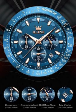 Tidy Quarzuhr Herren-Quarzuhr Chrono Zifferblatt Blau Silber Braunes Lederarmband, Geschenkbox