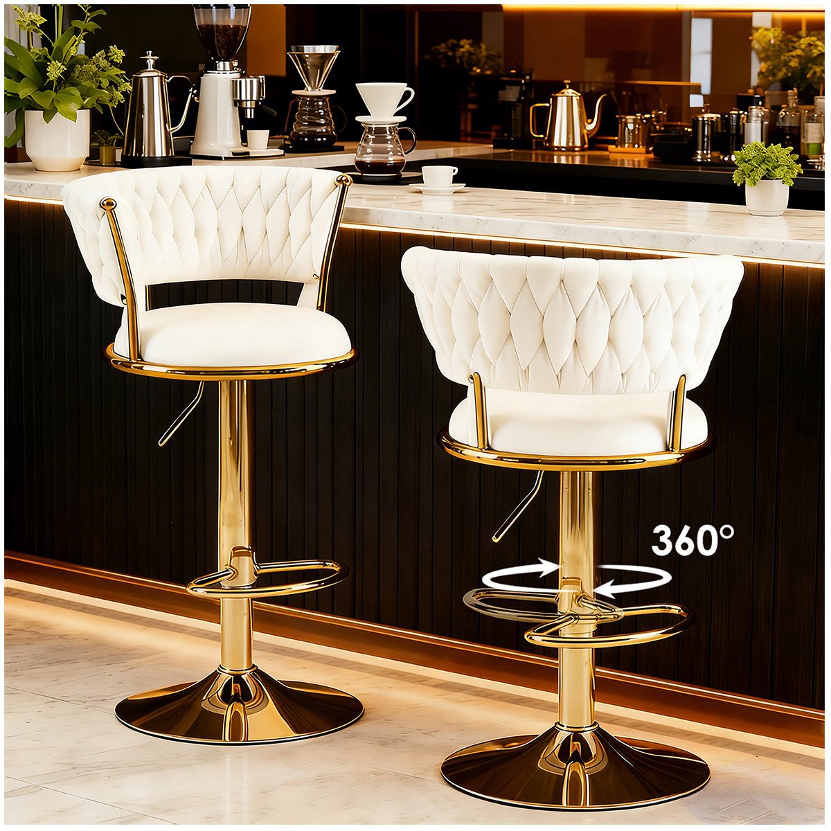YVMOOEC Barhocker Barhocker höhenverstellbar mit Samtbezug und Rückenlehne (Set, 2 St., Ideal als Barstuhl für Küche, Bar und Caf), 360° drehbar mit Armlehnen, Fußstütze und ergonomischem Design