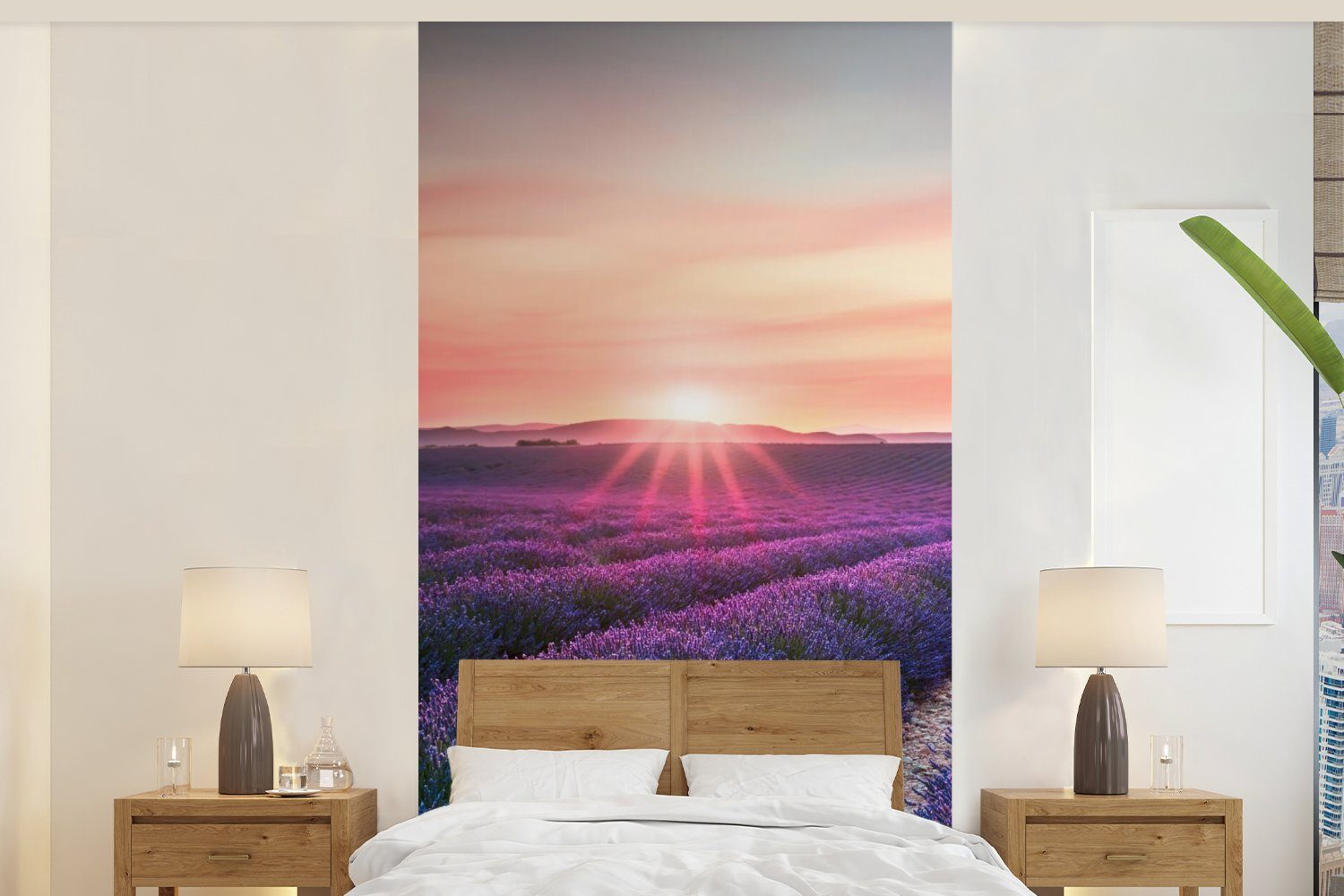 MuchoWow Fototapete Lavendel - Lila - Blumen - Himmel, Matt, bedruckt, (2 St), Vliestapete für Wohnzimmer Schlafzimmer Küche, Fototapete