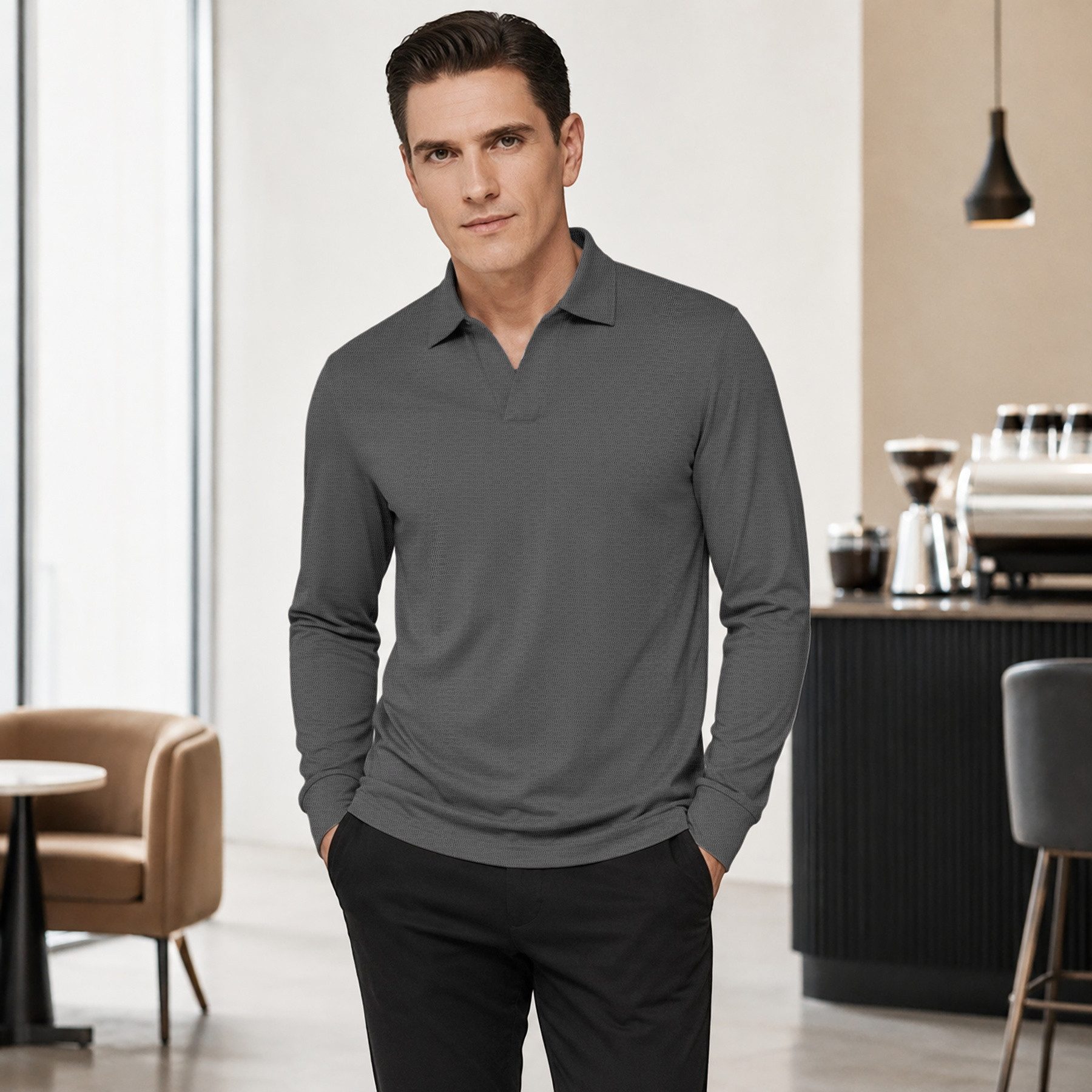 Allthemen Poloshirt mit Zopfmuster langarmshirt Baumwolle Shirt für Winter – Bild 4 von 5