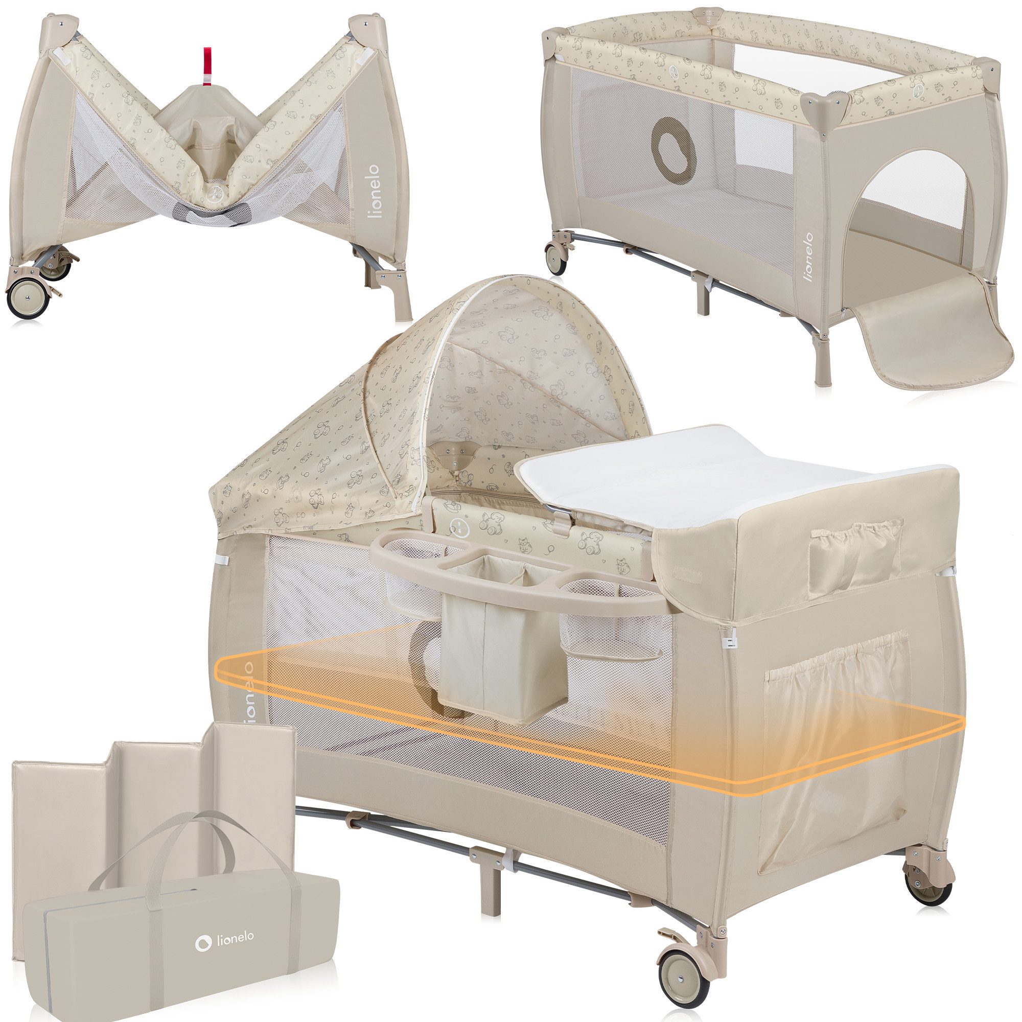 lionelo Reisebett SVEN PLUS (Set, 2in1 Reisebett und Laufstall mit Wickelauflage) 2in1/Wickelauflage/2 Matratzenhöhen/Dach+Moskitonetz/2 Räder