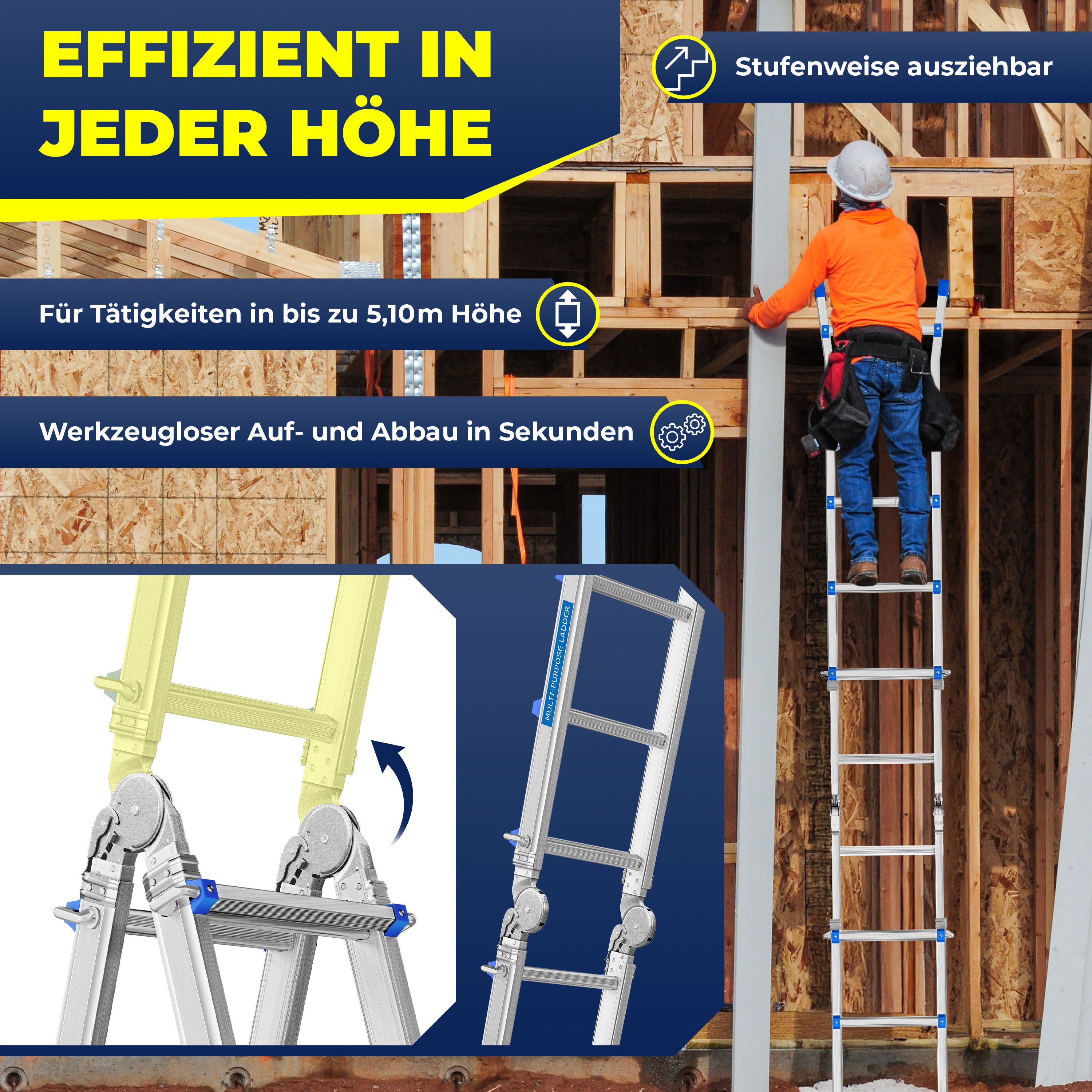 MASKO Vielzweckleiter Aluminium 6in1 Mehrzweckleiter – 20 Sprossen - 520 cm 150 Kg, (ausziehbar, Rutschfest, Multifunktional, Gelenkleiter, Anlegeleiter), Klapp – Bild 5 von 5