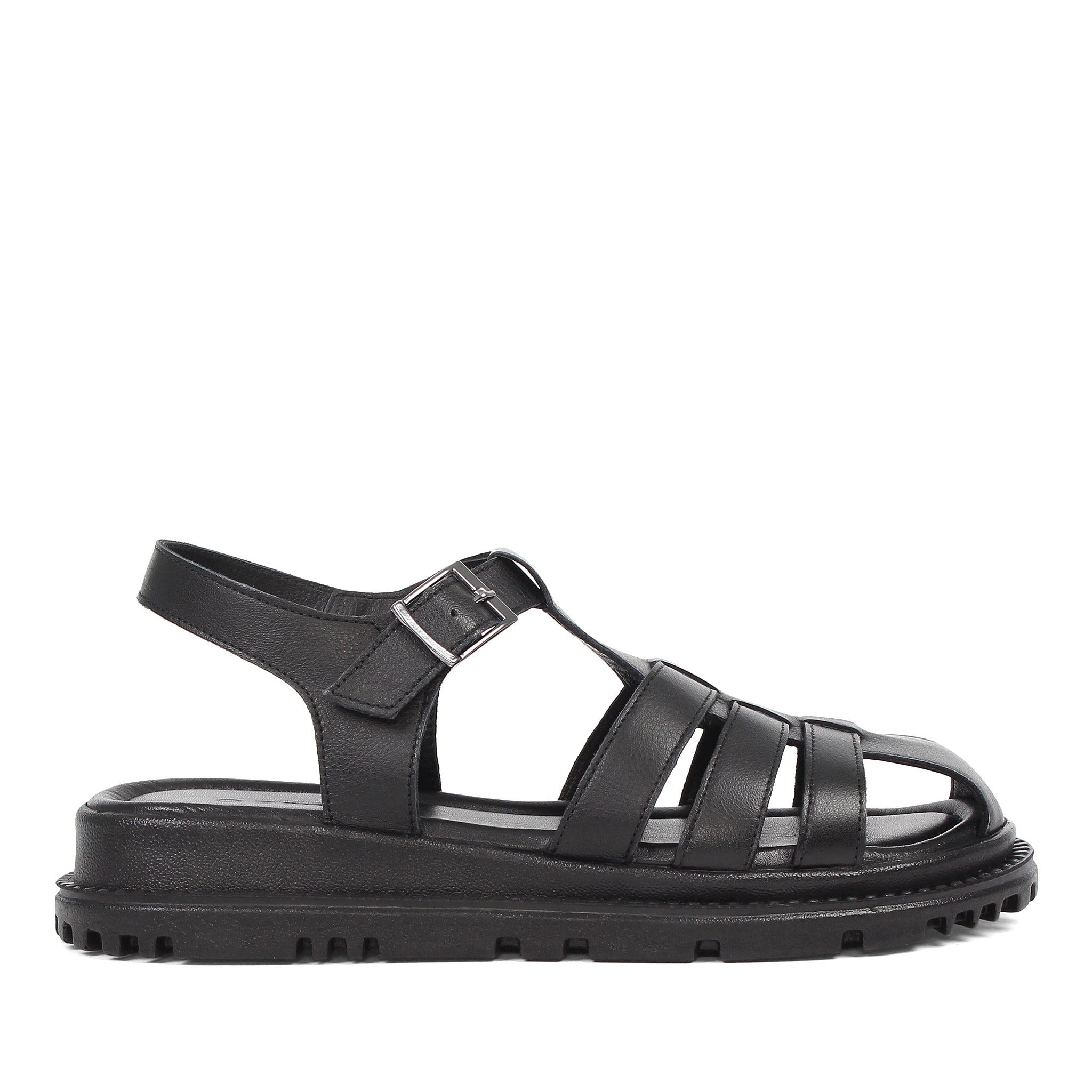 Celal Gültekin Flechtoptik Plateausohle Schnallenriemen Damen Römersandale Leder, Fisherman-Stil, Plateausohle, Schwarz, 37
