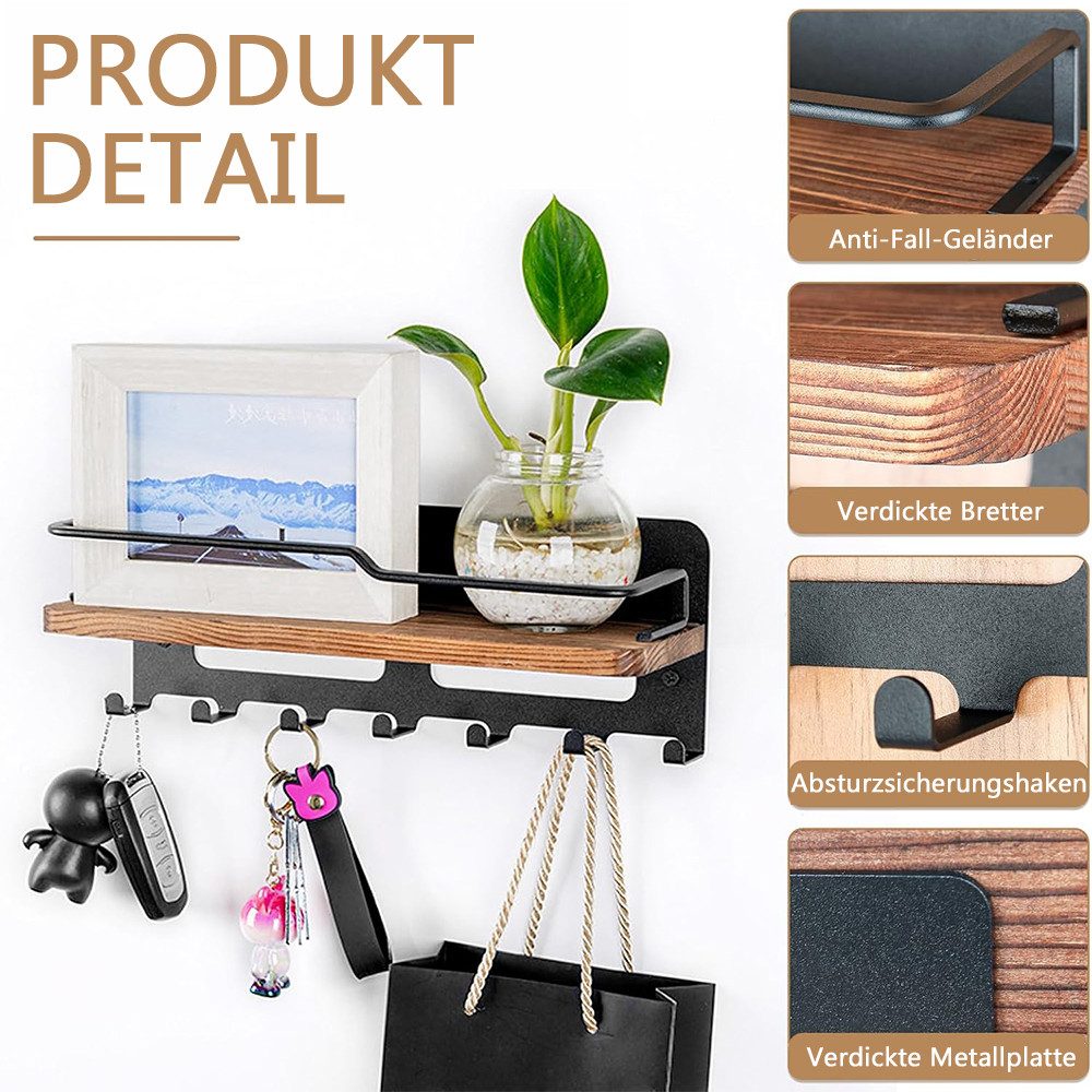 TUWENA Wandhaken Schlüsselbrett Holz mit Ablage, Schlüsselablage Wand mit 7 Haken, Schlüsselbrett Organizer für Eingang, Flur, Schlafzimmer, Wohnzimmer