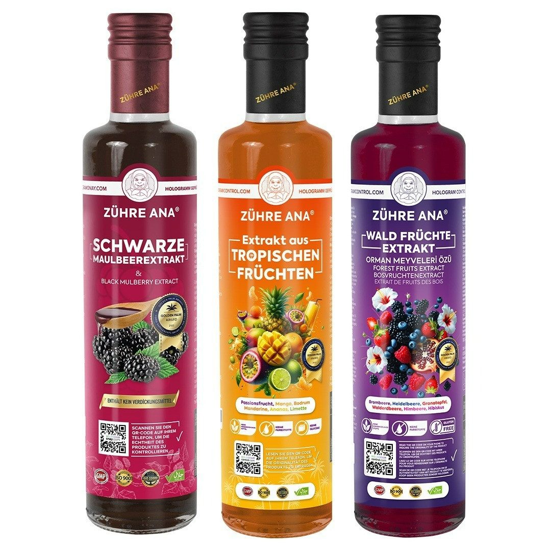 Zühre Ana® Sirup Schwarzem Maulbeer-Waldfrucht-Tropen-Fruchtextrakt Set aus – 3er Pack, Natürlicher Vitamin Mix, Mischverhältnis: 1+5