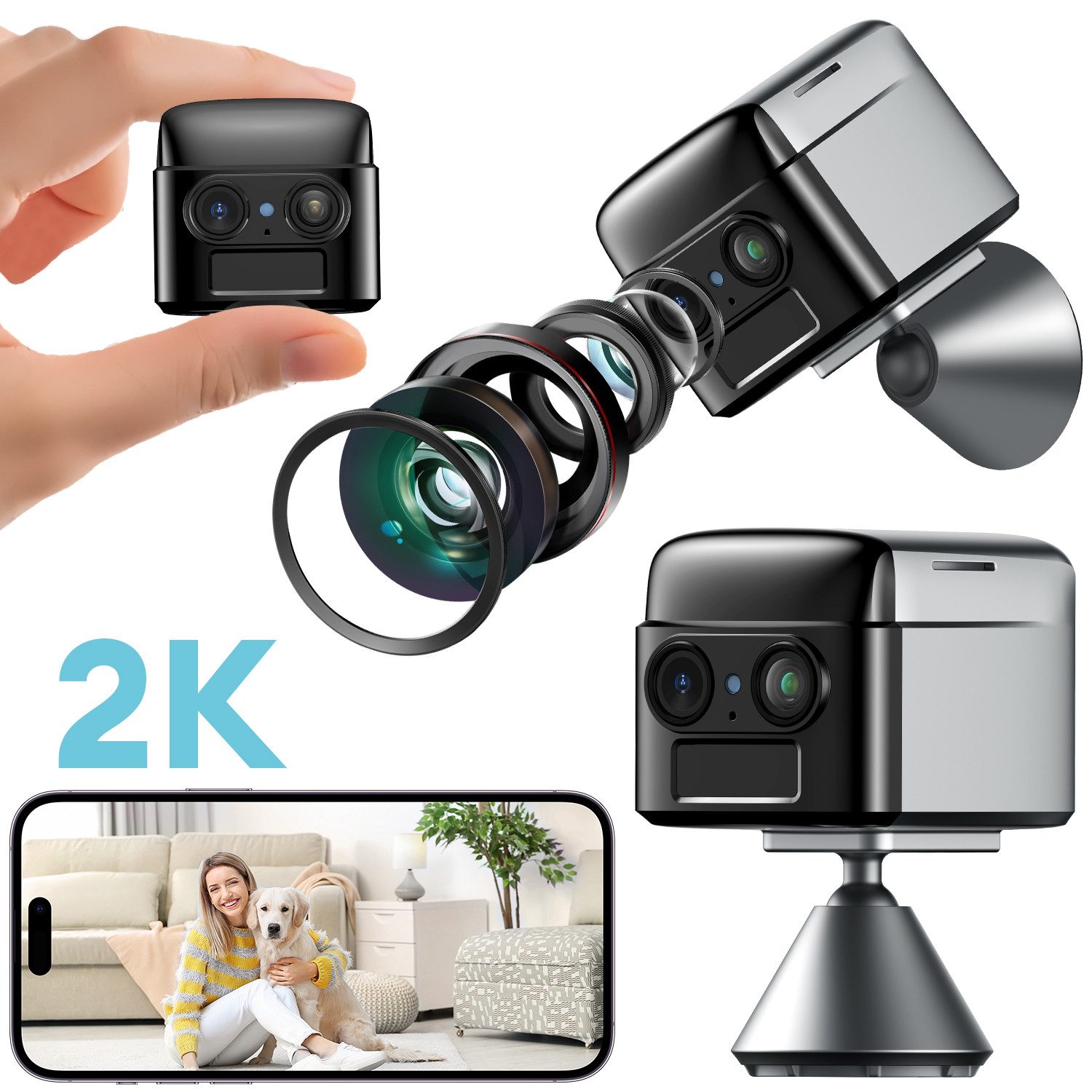 CkeyiN Pro Überwachungskamera Innenbereich,2K Mini Kamera kabellos mit Nachtsicht & AI-Alarm (Innenbereich, Bewegungserkennung,2-Wege-Audio, Unterstützung für die Anzeige durch mehrere Personen)