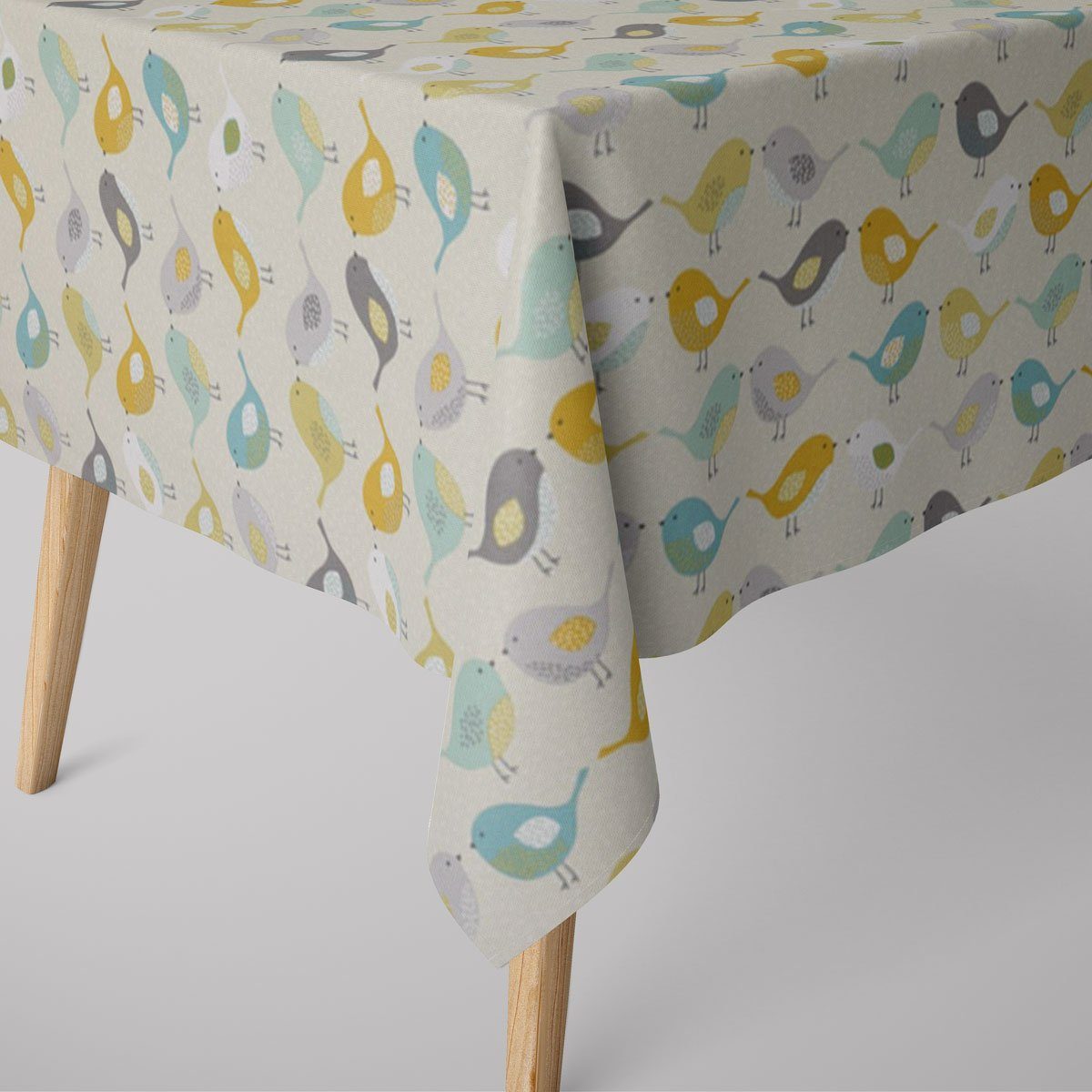 SCHÖNER LEBEN. Tischdecke SCHÖNER LEBEN. Tischdecke Fryett`s Birds Vögel beige grau mint senf, handmade
