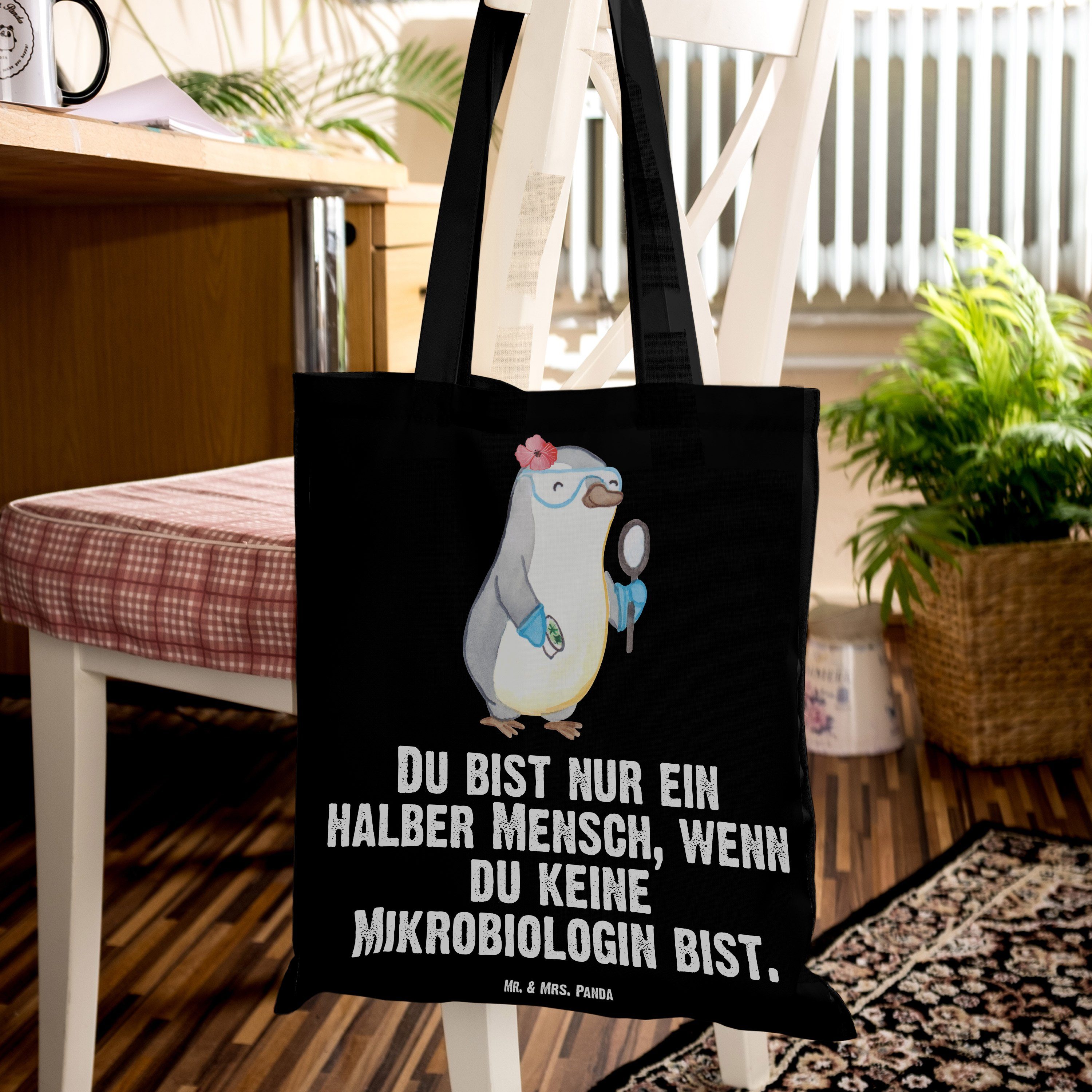Geschenk, Tragetasche Schwarz Mikrobiologin - Mrs. Mr. (1-tlg) Fors & mit - Herz Beutel, Jutebeutel, Panda