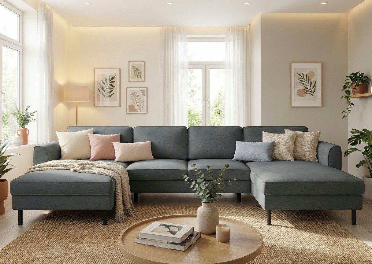 Home affaire Wohnlandschaft Booster II, whlw. mit Schlaffunktion & Bettkasten, Fuß schwarz, Sofa in U-Form, Breite 305 cm, in Cord oder Struktur LEO o. LINO