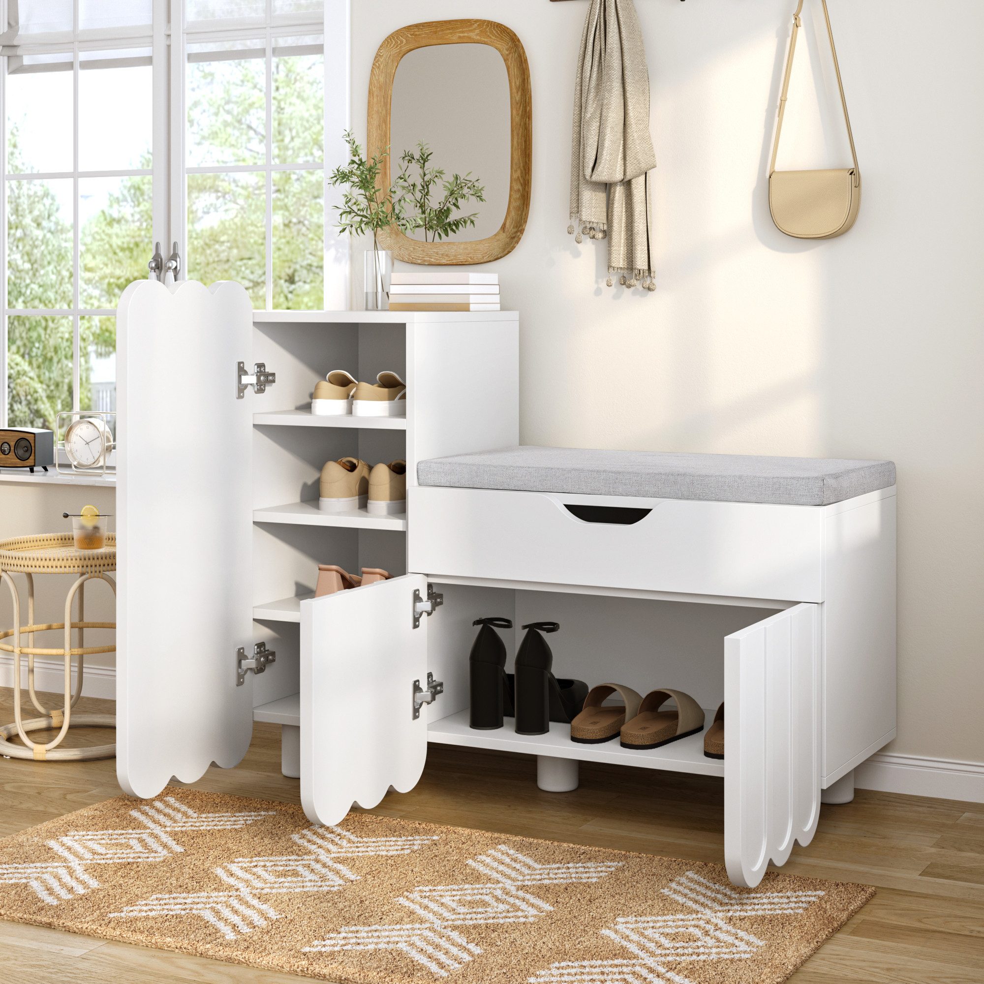 Schuhschrank Schuhregal Schublade Schranktür Sitzpolster Schuhbänke Stauraum Weiß