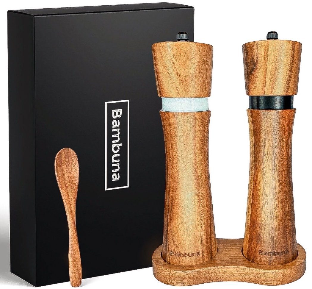 Bambuna Salz-/Pfeffermühle Pfeffermühlen Set aus Holz, Große Gewürzmühlen (22cm) aus Akazienholz manuell, Precision+ Keramikmahlwerk, hochwertige Geschenk- Box + Rezeptbuch