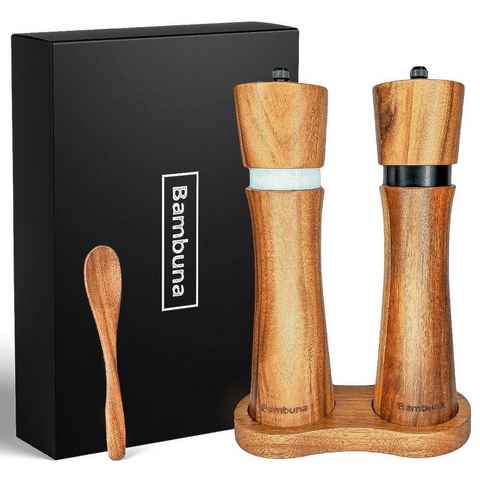 Bambuna Salz-/Pfeffermühle Pfeffermühlen Set aus Holz, Große Gewürzmühlen (22cm) aus Akazienholz manuell, Precision+ Keramikmahlwerk, hochwertige Geschenk- Box + Rezeptbuch