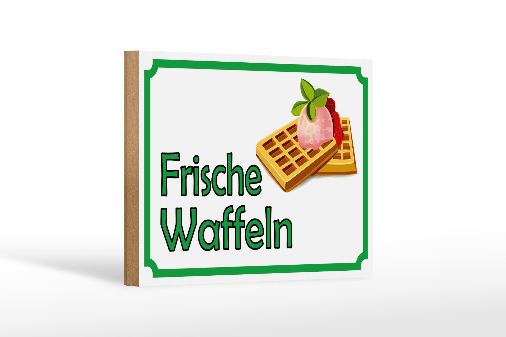 Holzbild Hinweis 18x12 cm frische Waffeln Verkauf