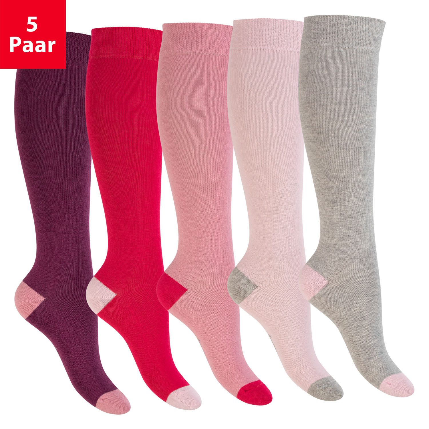 Footstar Langsocken Kinder Baumwoll Kniestrümpfe (5 Paar) abgesetzte Ferse/Spitze