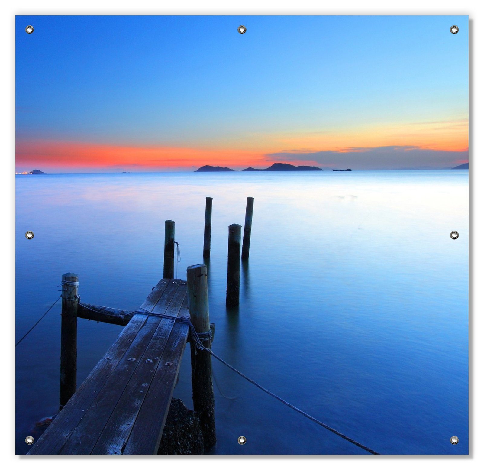 Sonnenschutz Steg im Wasser - Abendstimmung am Meer, Wallario, blickdicht, mit Saugnäpfen, wiederablösbar und wiederverwendbar