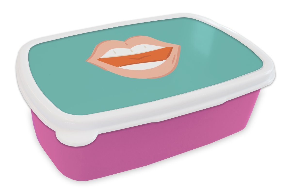 MuchoWow Lunchbox Blau - Mund - Lippenstift, Kunststoff, (2-tlg), Brotbox für Erwachsene, Brotdose Kinder, Snackbox, Mädchen, Kunststoff rosa