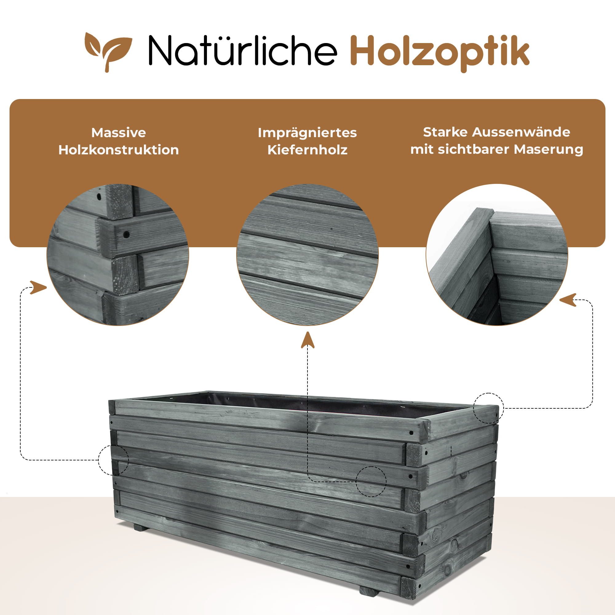 BooGardi Pflanzkübel groß außen & innen mit Vlies · Blumenkasten XXL (Pflanzkasten rechteckig · 90 cm naturbraun), 10 Größen · Hochbeet · Holz · für Garten, Bal – Bild 5 von 5