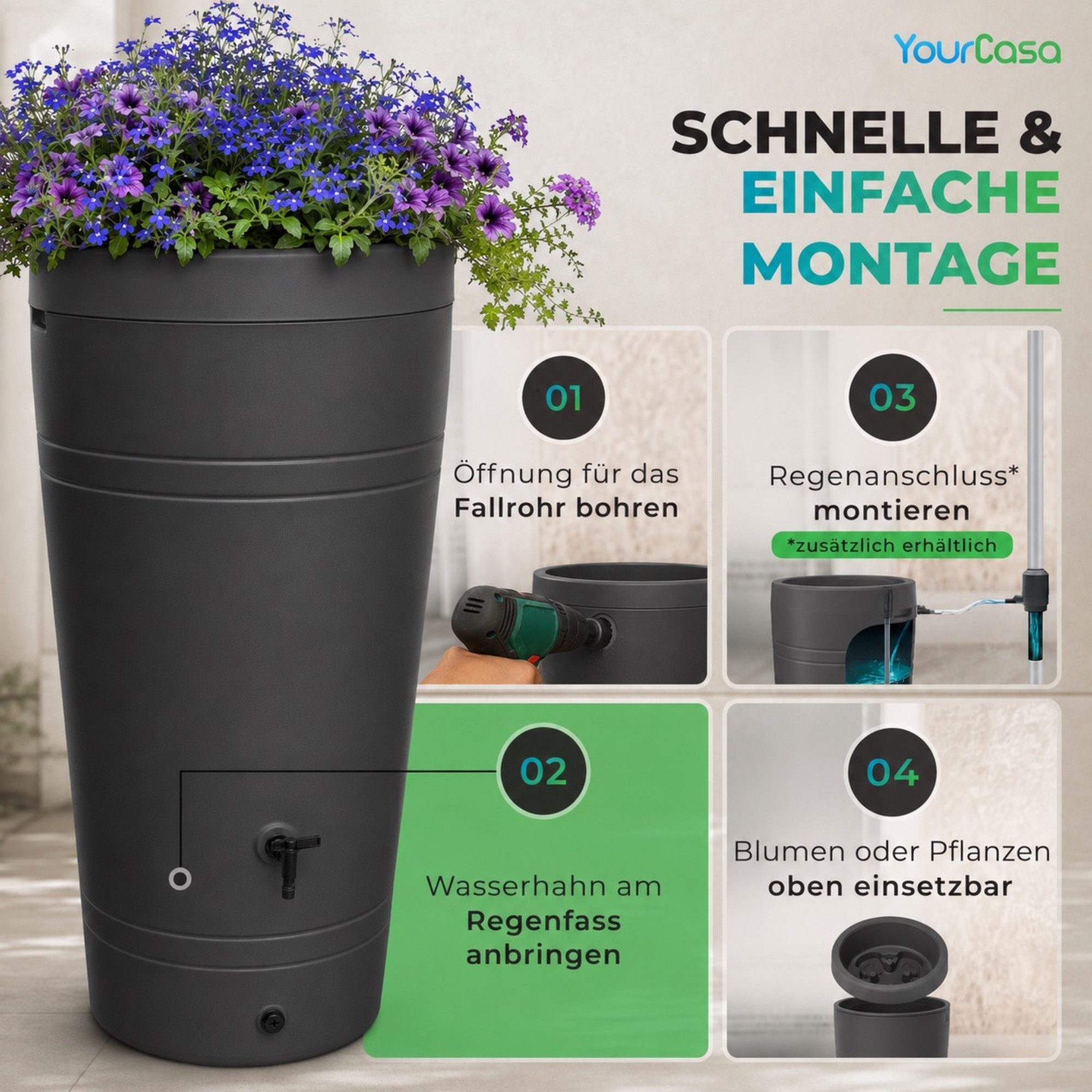 YourCasa Regentonne 230 Liter [Decore ] mit Pflanzeinsatz - Regenfass aus Kunststoff, bepflanzbarer Deckel, mit Wasserhahn,240L – Bild 5 von 5