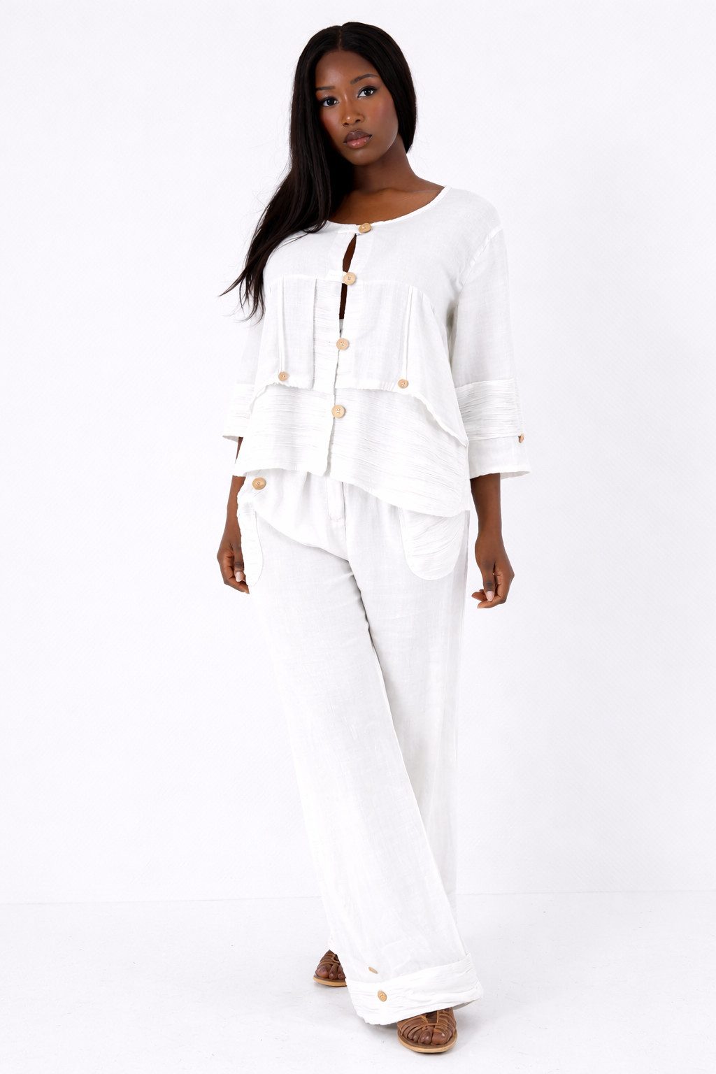 YC Fashion & Style Hosenanzug Boho Leinen-Zweiteiler aus 100 % Leinen mit Knopfdetails 2 teiliges Set