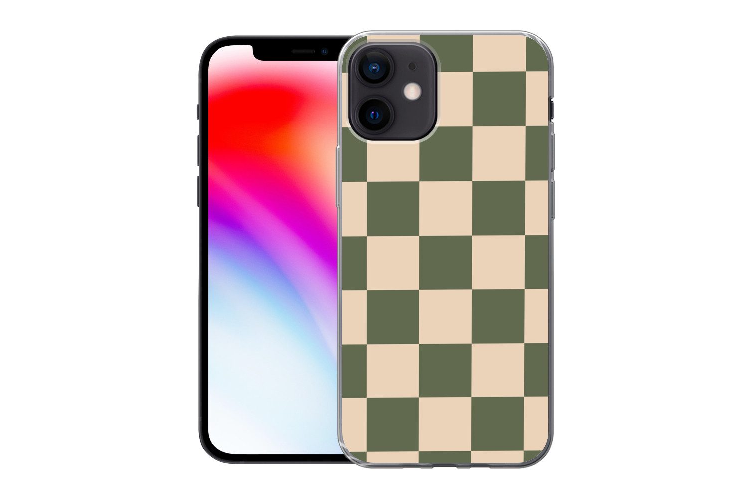 MuchoWow Handyhülle für Apple iPhone 12 Schachbrettmuster - Grün - Beige - Blöcke, Smartphone-Bumper, Print, Handy Schutzhülle Dünn