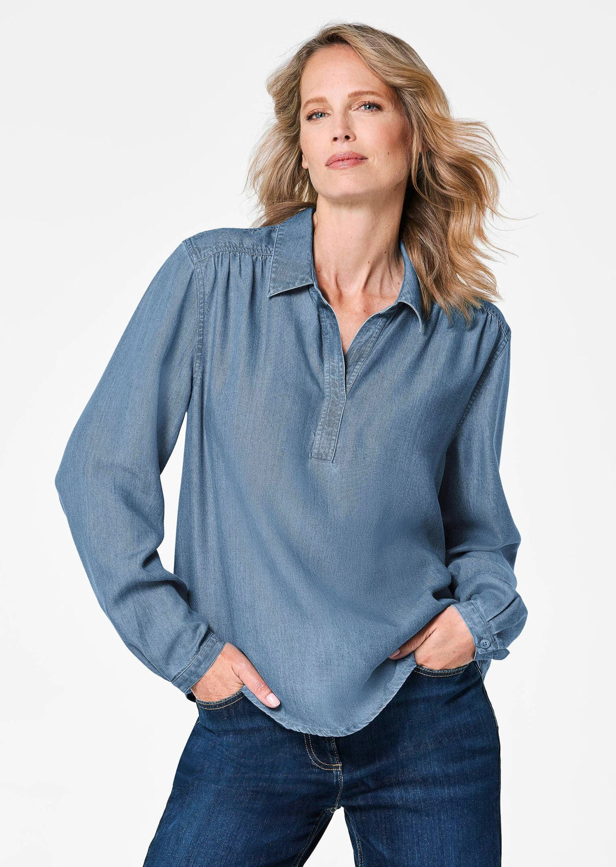 Klassische Bluse Denimbluse mit offenem Hemdkragen