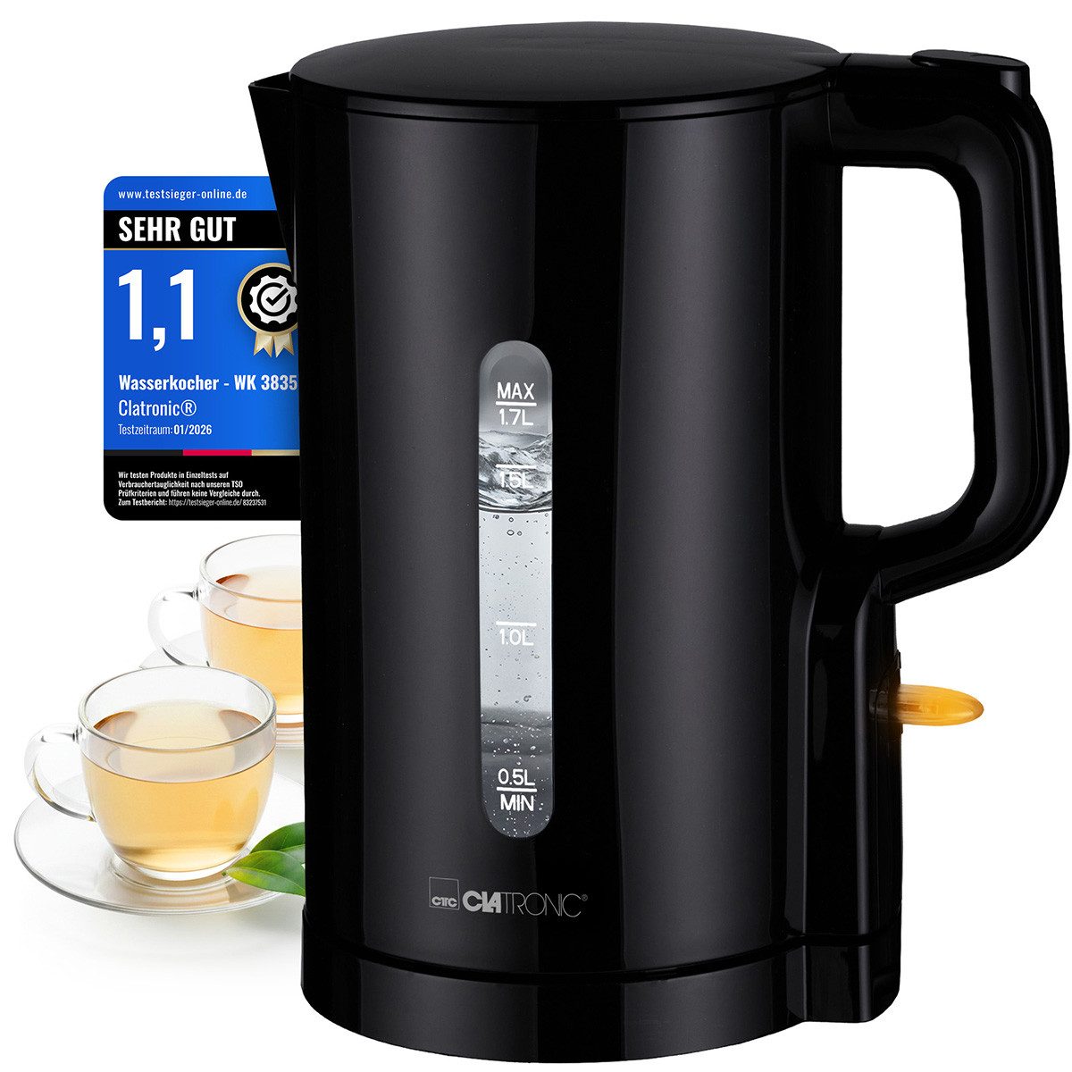 CLATRONIC Wasserkocher WK 3835, Wasserkocher 1,7L, 2200W, Einhandbedienung