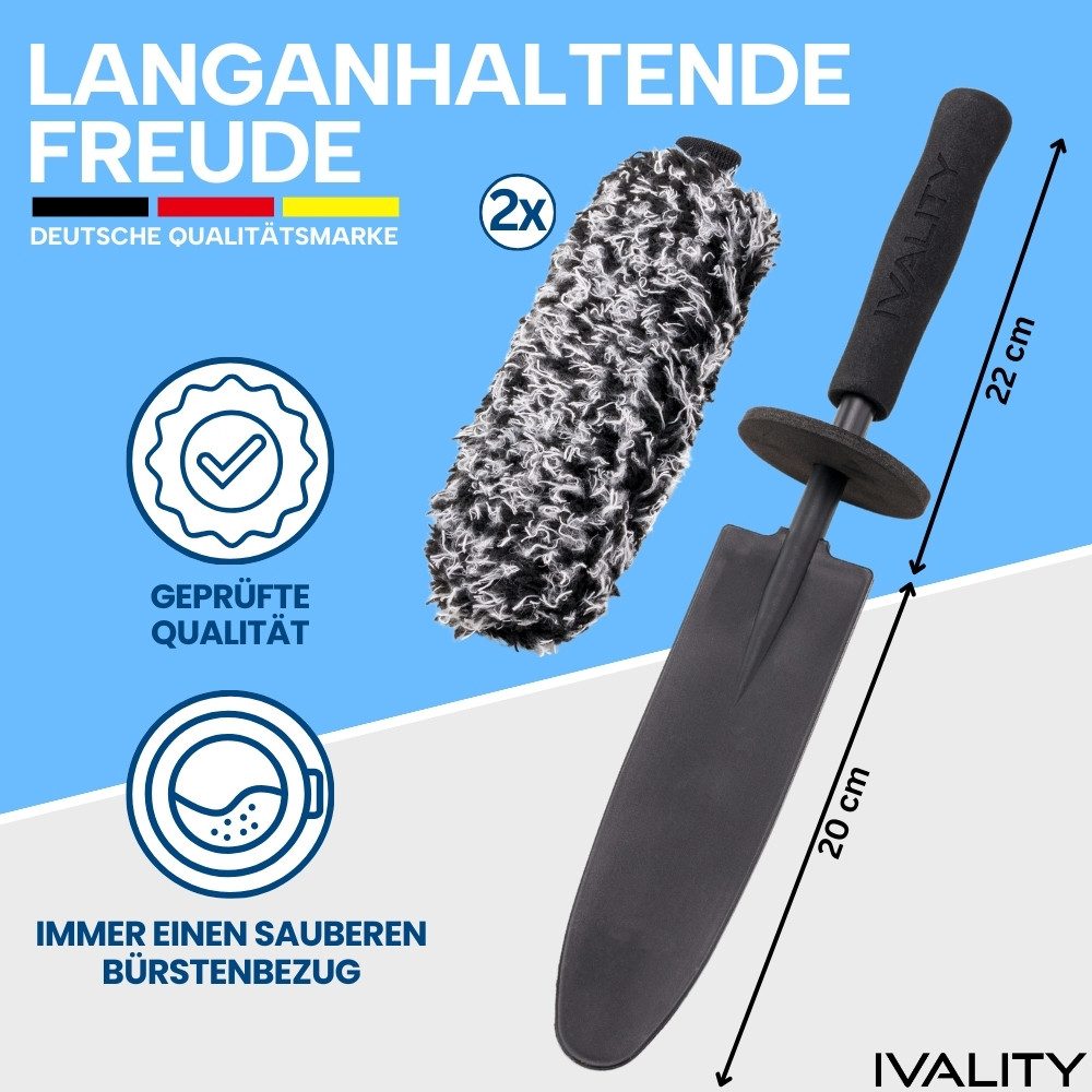 IVALITY Wheel Brush - Ultra-thin Car Microfiber Brush - Premium - Effective & Gentle, For All Car Wheels, Small Gaps, Entire Wheel Well, Car Cleaning, (With 2x Replacement Covers, 3-piece Set, Perfect for Wheel Cleaning), ultra-thin, reaches every corner and the entire wheel well