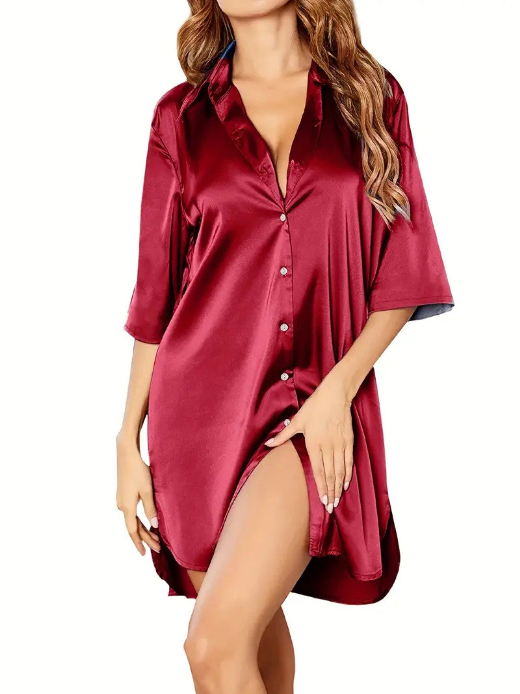 Elegant Love Nachthemd Satin Sleepshirt Damen – Elegantes Nachtkleid mit Kn günstig online kaufen