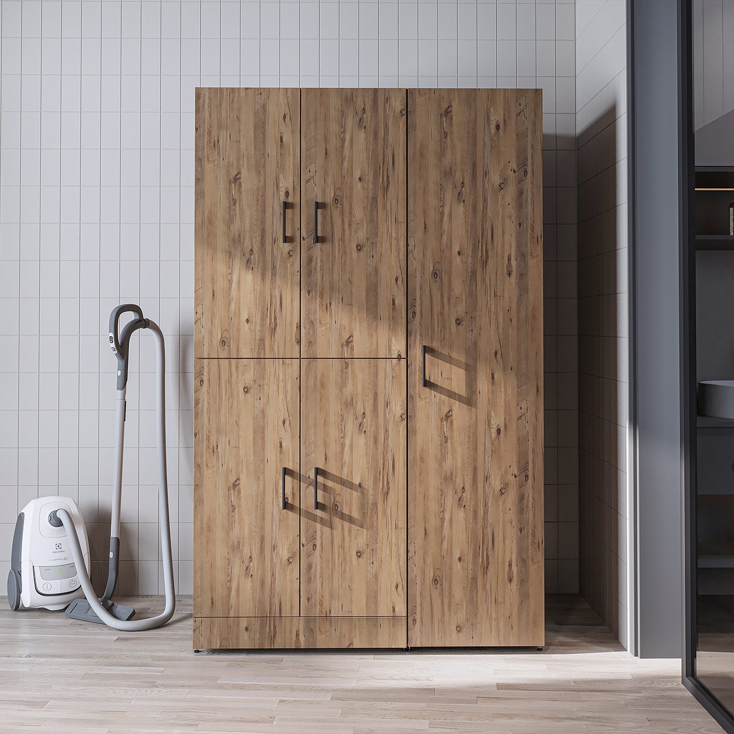 Roomart Waschmaschinenumbauschrank DORA 115 cm Waschmaschinenschrank + Hochschrank, 2 Höhen, in 5 Farben (für Waschmaschine & Trockner mit Regalboden, Waschmaschinenschrank mit Hochschrank – 2 Höhen, 2 Regalboden-Optionen) 130 kg Belastbarkeit, Hochschrank links/rechts, in 5 Farben, 2 Höhen