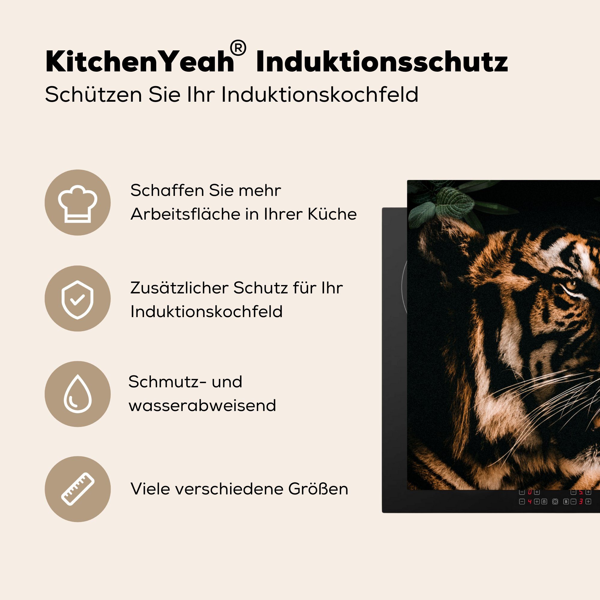 Herdblende-/Abdeckplatte (1 Ceranfeldabdeckung, Vinyl, Blätter MuchoWow Tiger tlg), für Tier, - 78x78 - küche Arbeitsplatte cm,