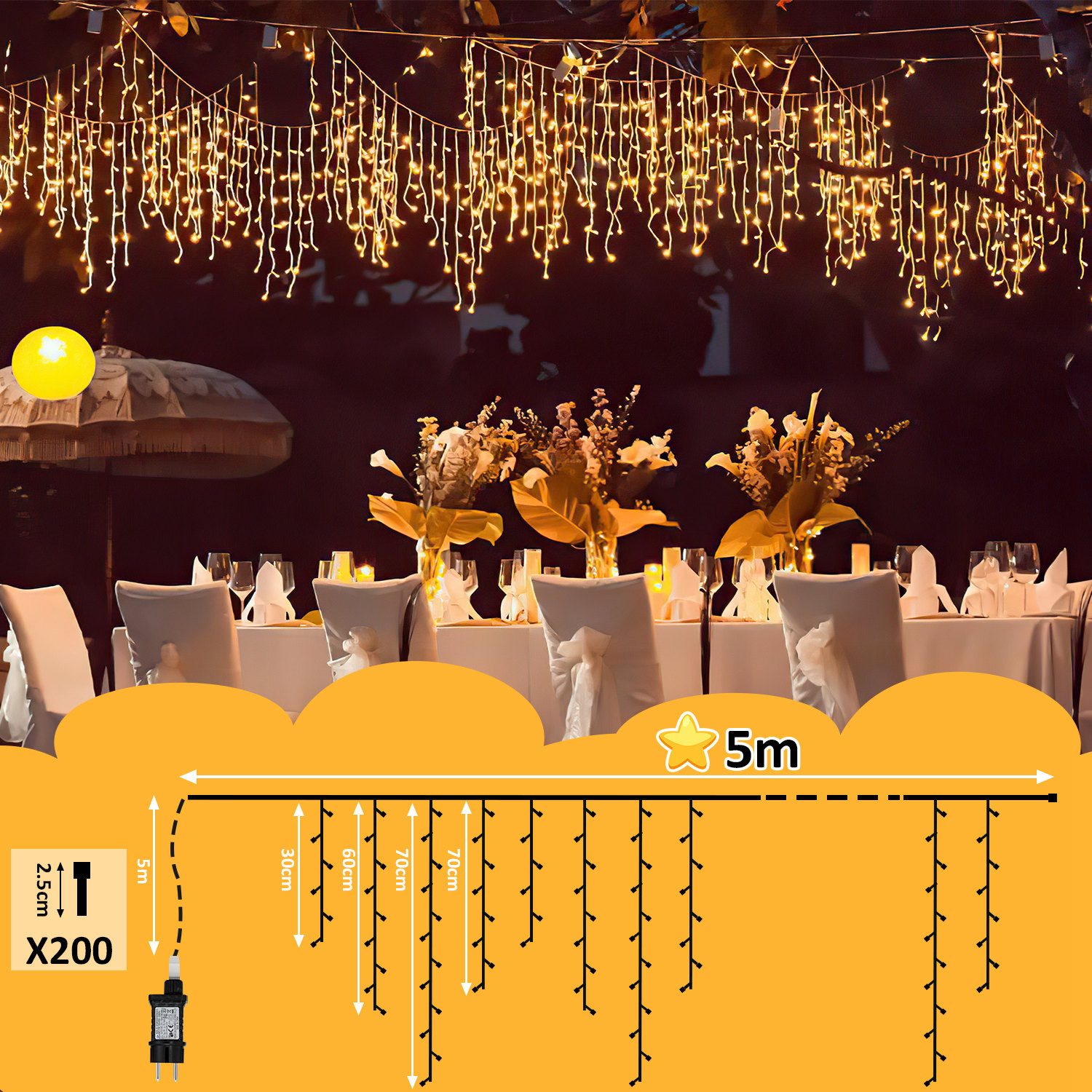 Clanmacy LED-Lichterkette LED Eisregen Lichterkette Eiszapfen 200LEDs Weihn günstig online kaufen