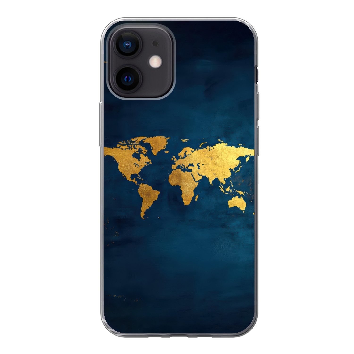 MuchoWow Handyhülle für Apple iPhone 12 Weltkarte - Gold - Dunkelblau, Smartphone-Bumper, Print, Handy Schutzhülle Dünn