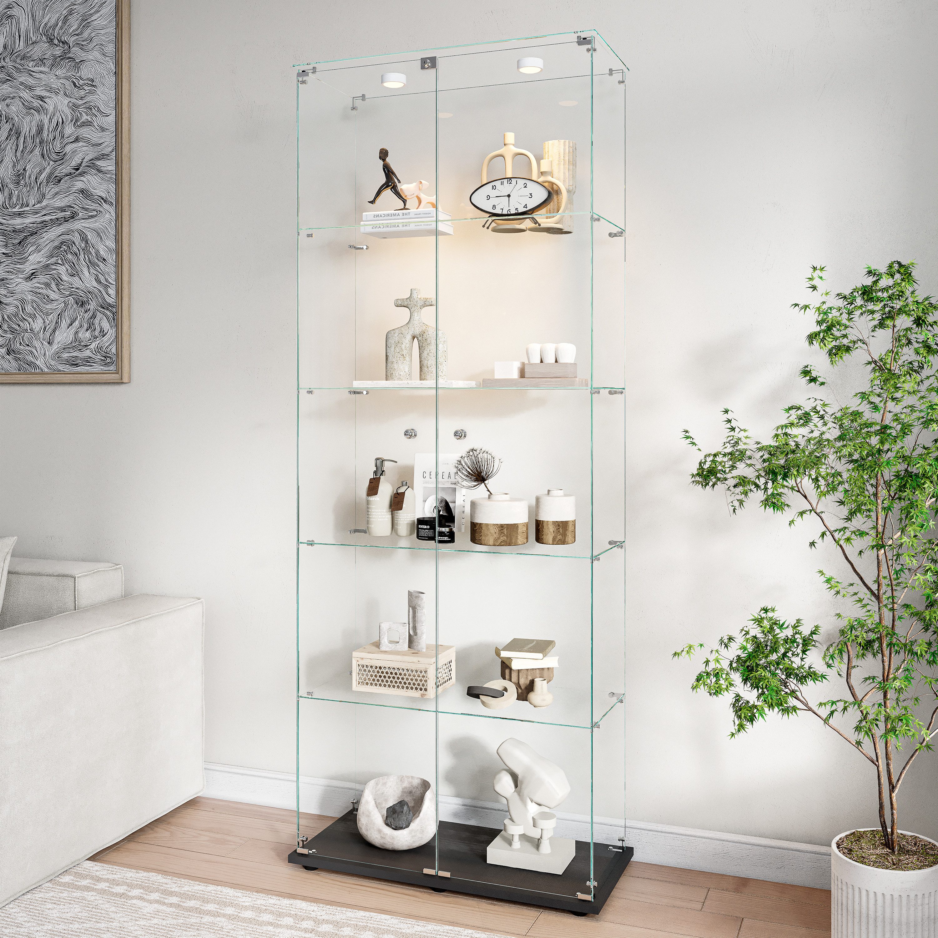 BELUPAI Glasvitrine Standvitrine 5 Lagen Vitrinenschrank (Set, 1-St., Glas Vitrine mit 2 Glastür und Schloss, Touch LED-Leuchten) für Sammlerstücke Bücher Figuren Modelle, 78.5 x 34.5 x 186.5 cm