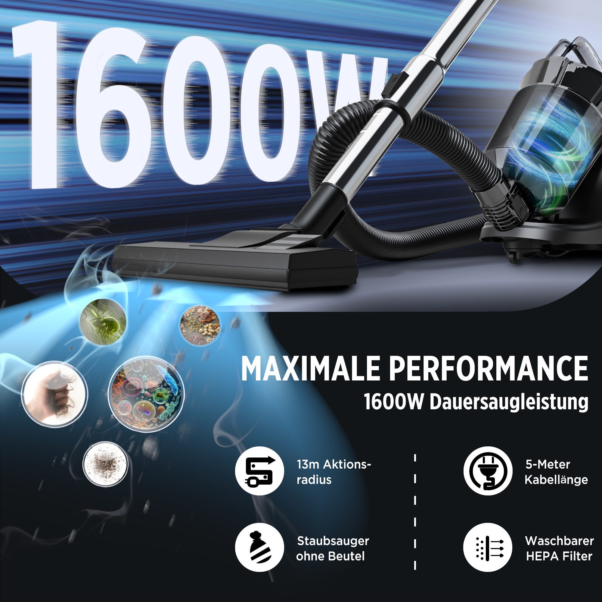 ibettertec Bodenstaubsauger beutelloser Staubsauger,1600W leichter Staubsauger, Bodenstaubsauger, 1600 W, HEPA Filter, Bodenstaubsauger,Bodendüse für Fliesen,Hygiene-Filter