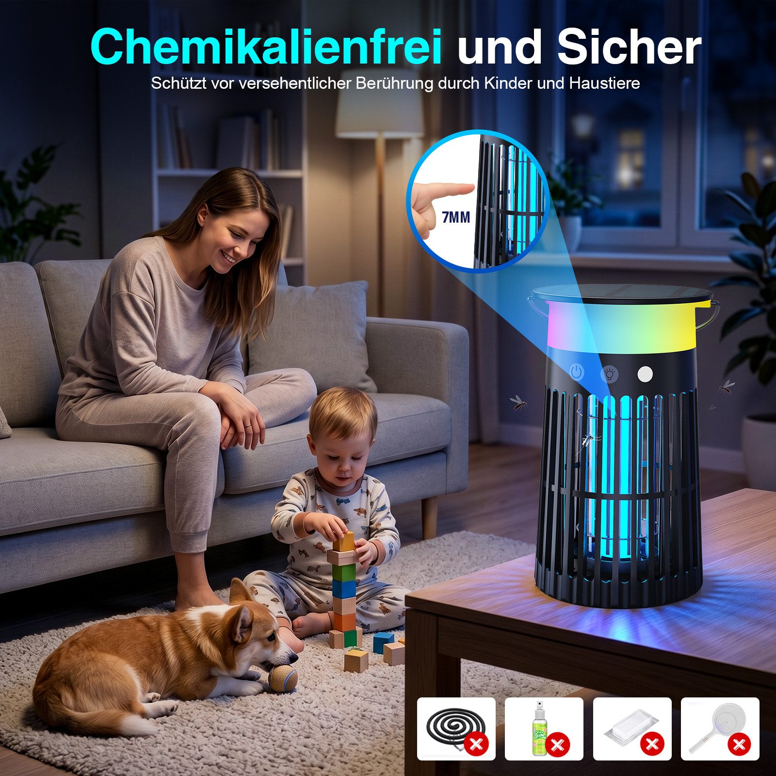 ANYSUN Ultraschall-Tierabwehr Insektenvernichter Elektrisch mit Akku Wiederaufladbarer Mückenfalle, UV Mückenlampe Innen mit LED-Licht, Flammeneffekt & Ambientelicht, für bis zu 60 qm ohne Chemie oder Duftstoffe, Fliegenfalle elektrisch